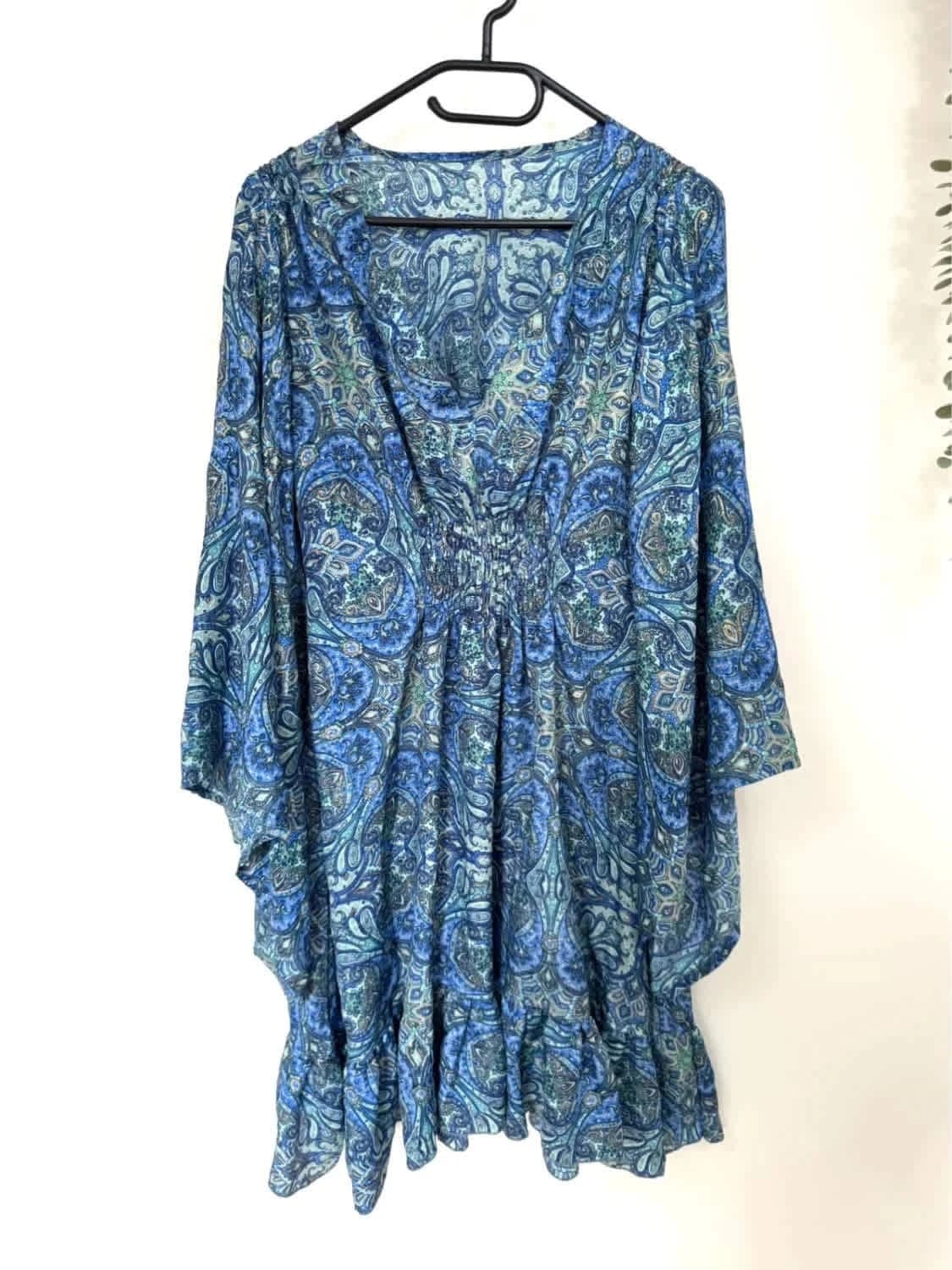 Robe fluide bohème soie imprimé cachemire bleu manches papillon taille unique - Photo 2/7