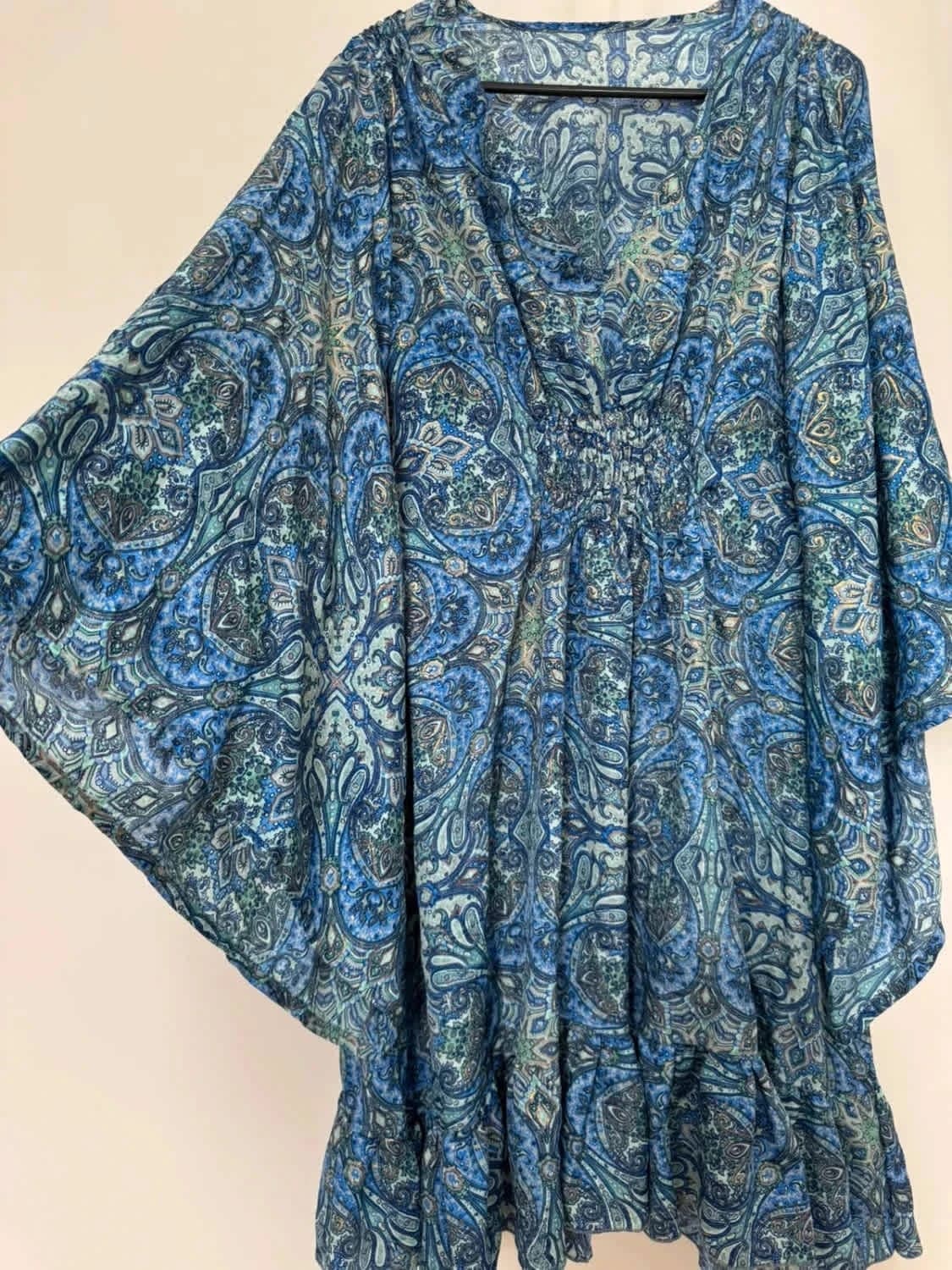 Robe fluide bohème soie imprimé cachemire bleu manches papillon taille unique - Photo 3/7