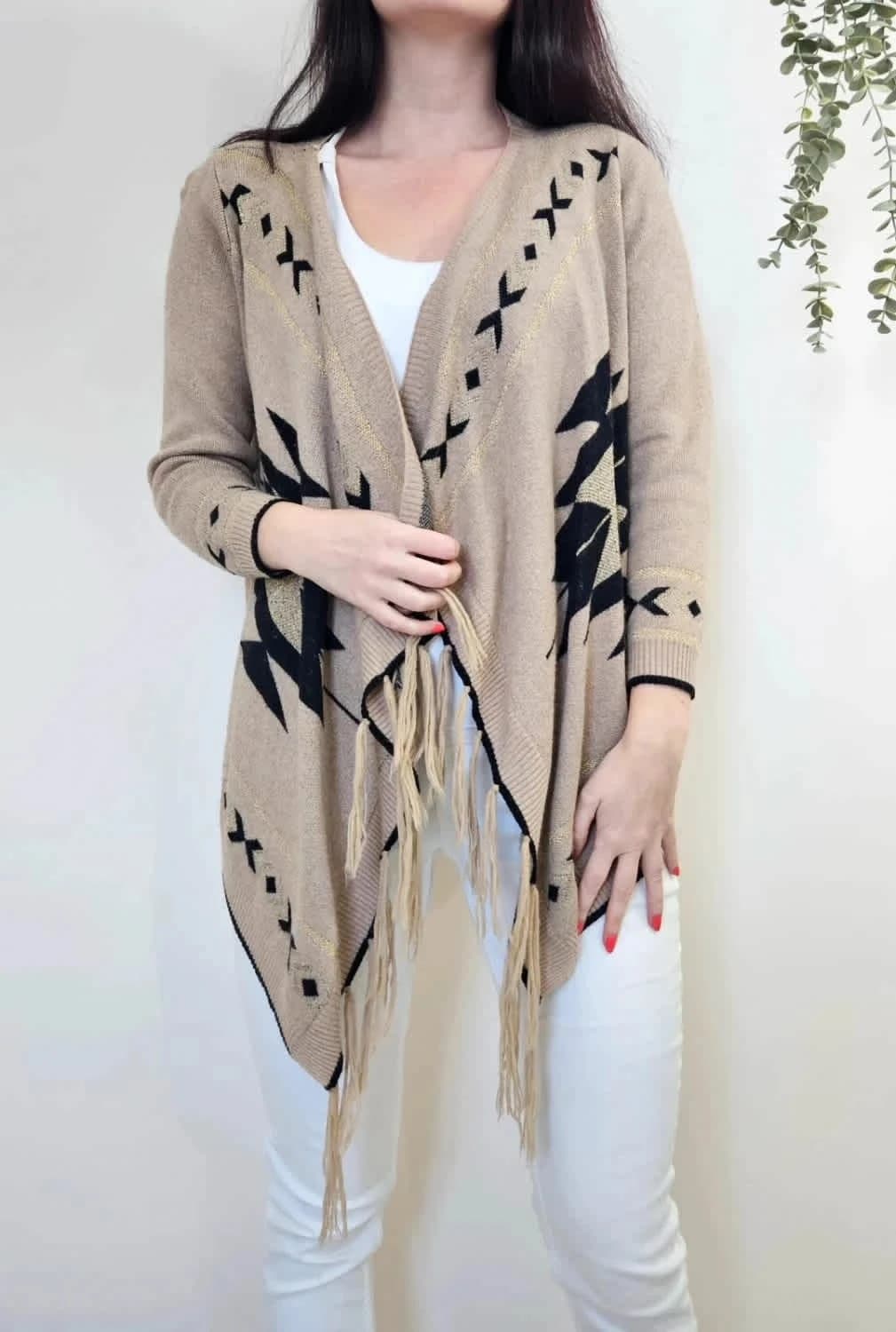 Cardigan beige et paillettes à motifs avec franges - Photo 1/6