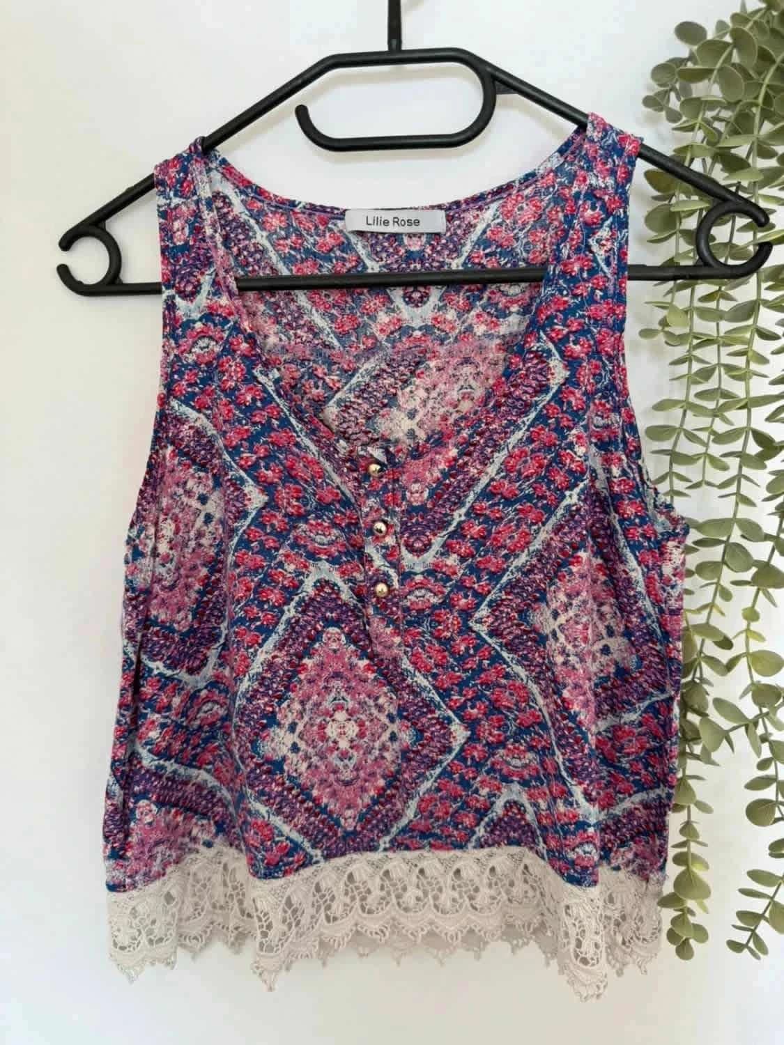 Top bohème Lilie Rose et dentelle 100% coton taille S/M - Photo 2/6
