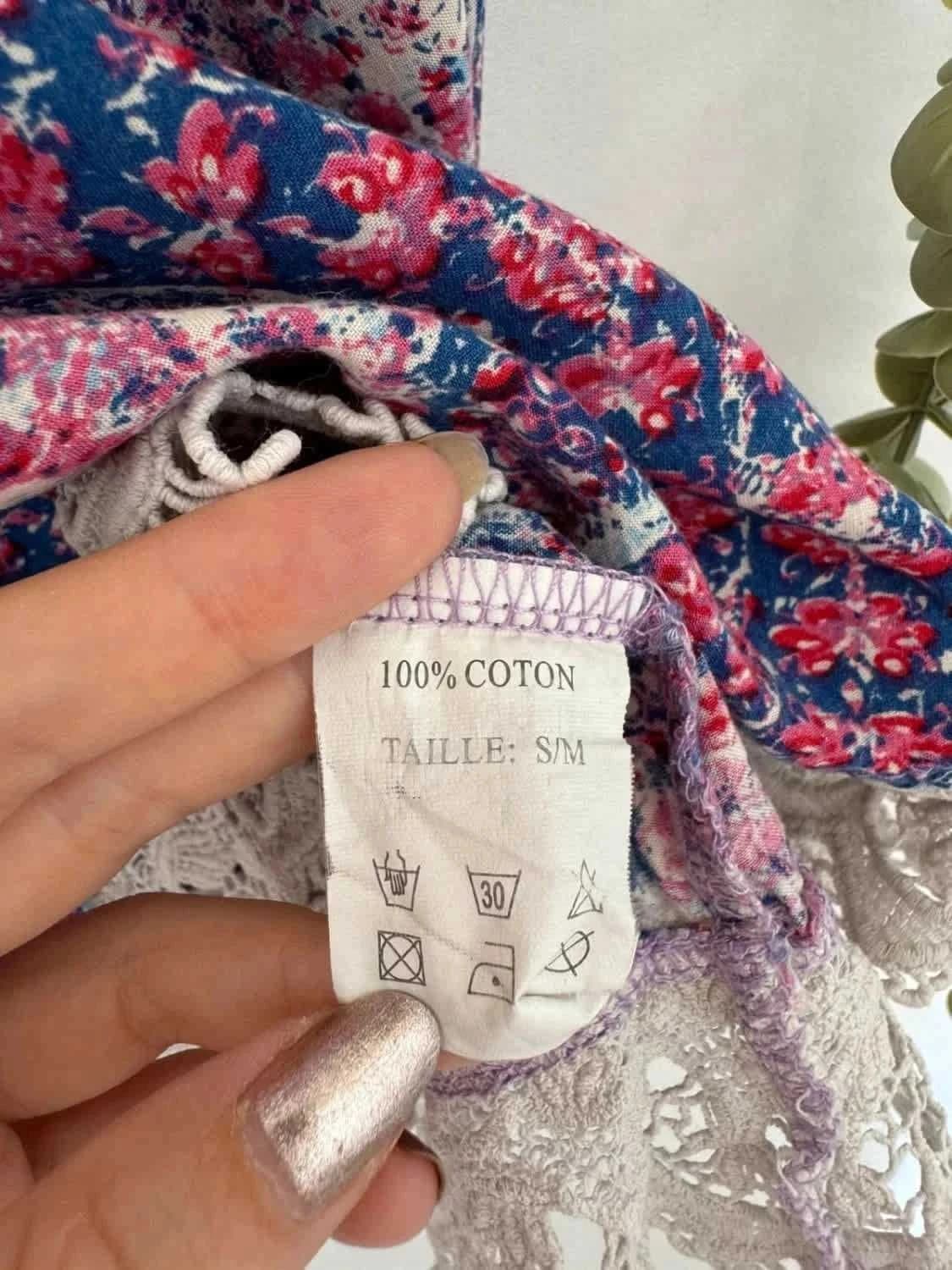Top bohème Lilie Rose et dentelle 100% coton taille S/M - Photo 6/6