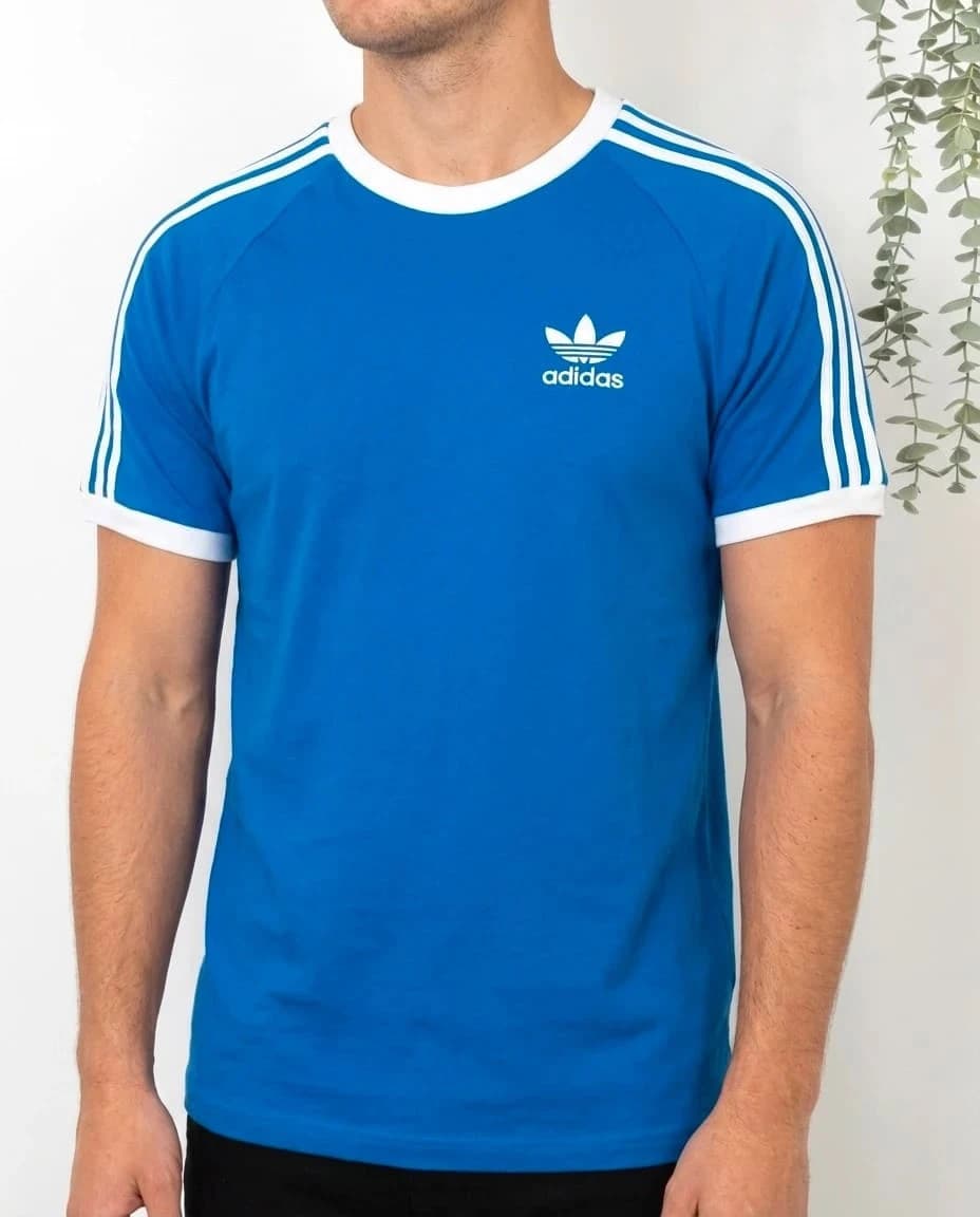 T-shirt adidas Originals bleu bandes épaules col blanc logo brodé taille XS - FP2512166 - Photo 1/6