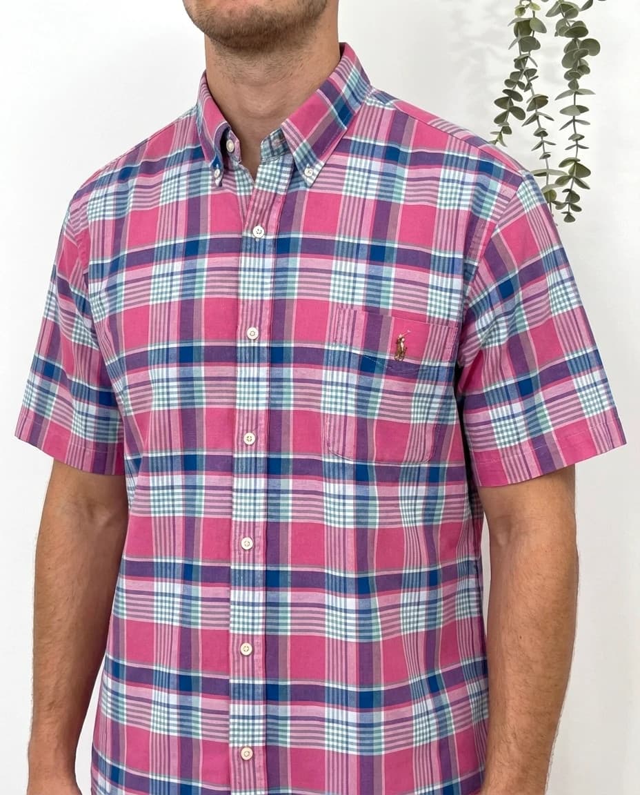 Chemise manches courtes slim fit Ralph Lauren rose carreaux taille XXL logo Premium - FP260188 - Photo 1/7