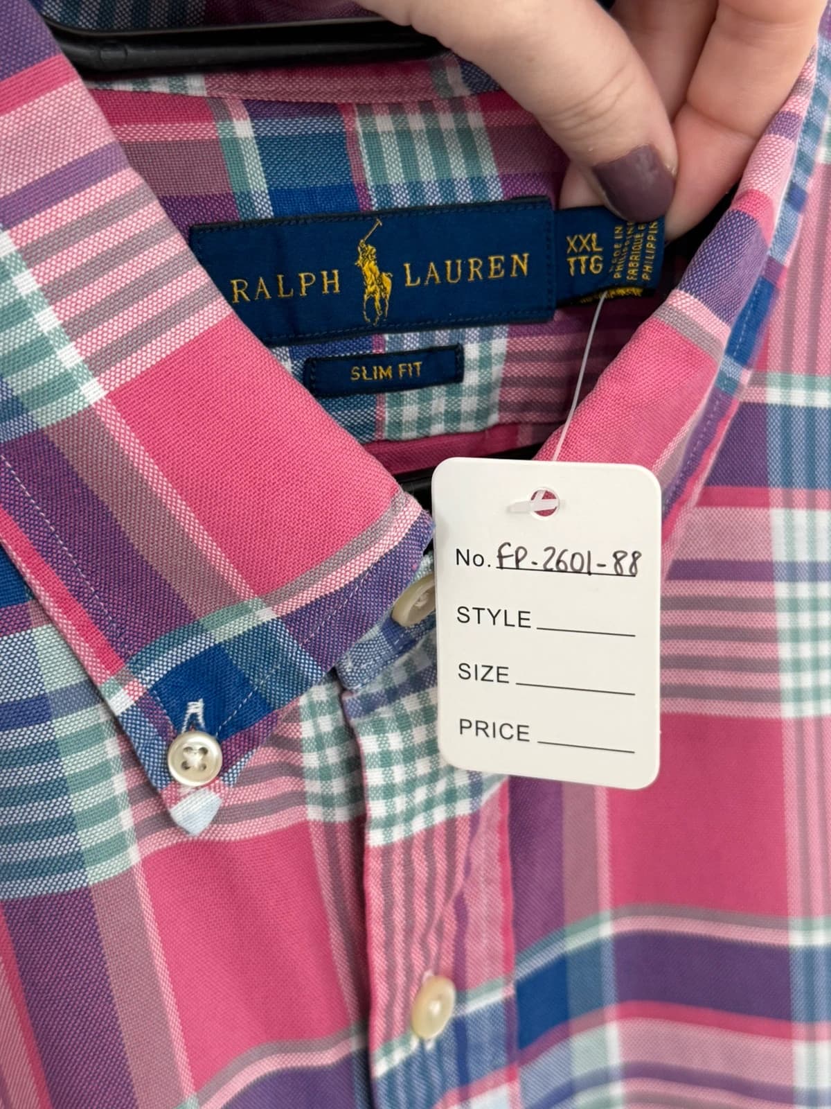 Chemise manches courtes slim fit Ralph Lauren rose carreaux taille XXL logo Premium - FP260188 - Photo 4/7