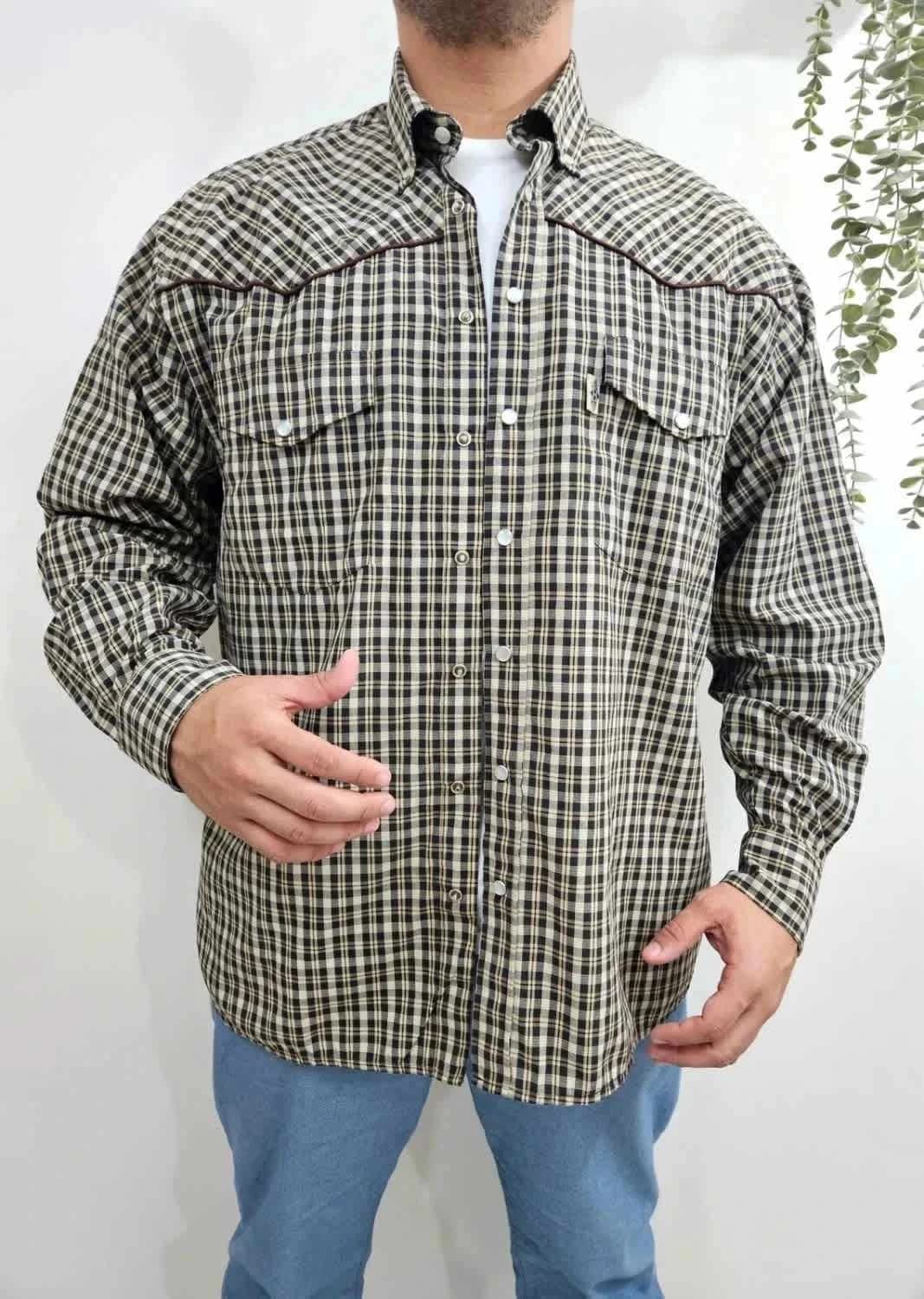 Chemise western à carreaux beige et noire boutons pressions nacrés Stars & Stripes taille XXL - Photo 1/11