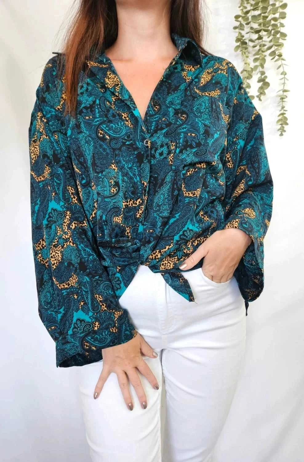 Chemise turquoise oversize à imprimé taille S - Photo 1/6