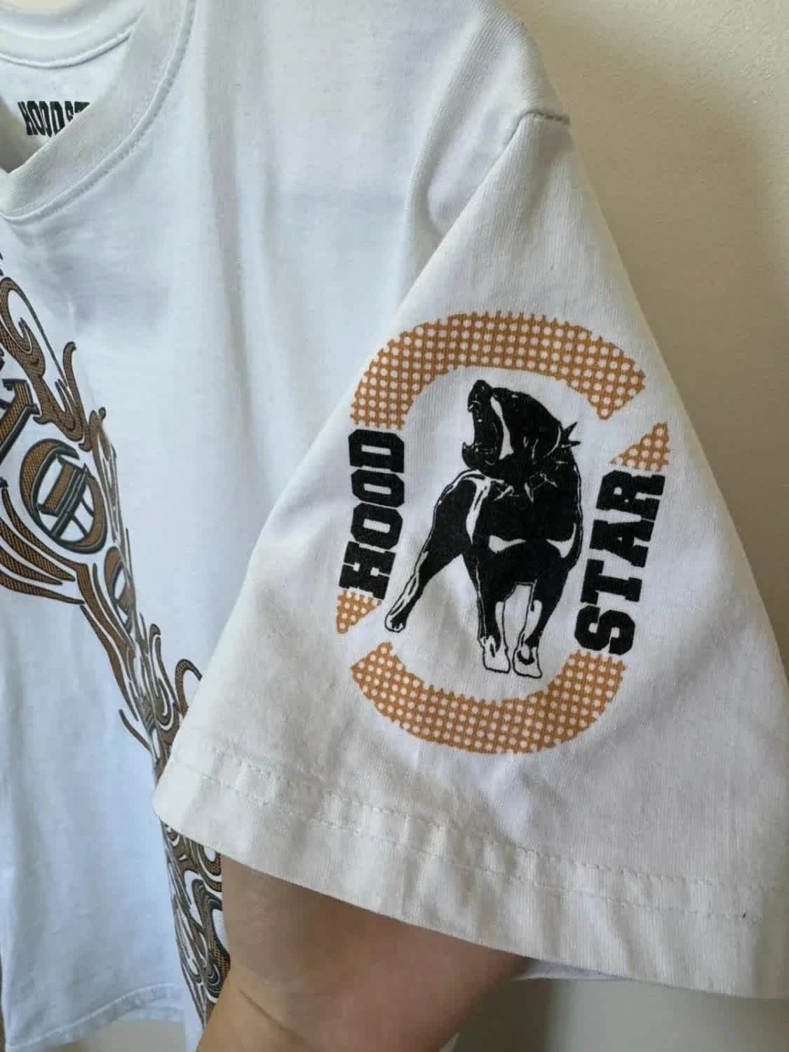 T-shirt Hoodstar blanc graphique bulldog tribal Y2K taille L - Photo 4/5