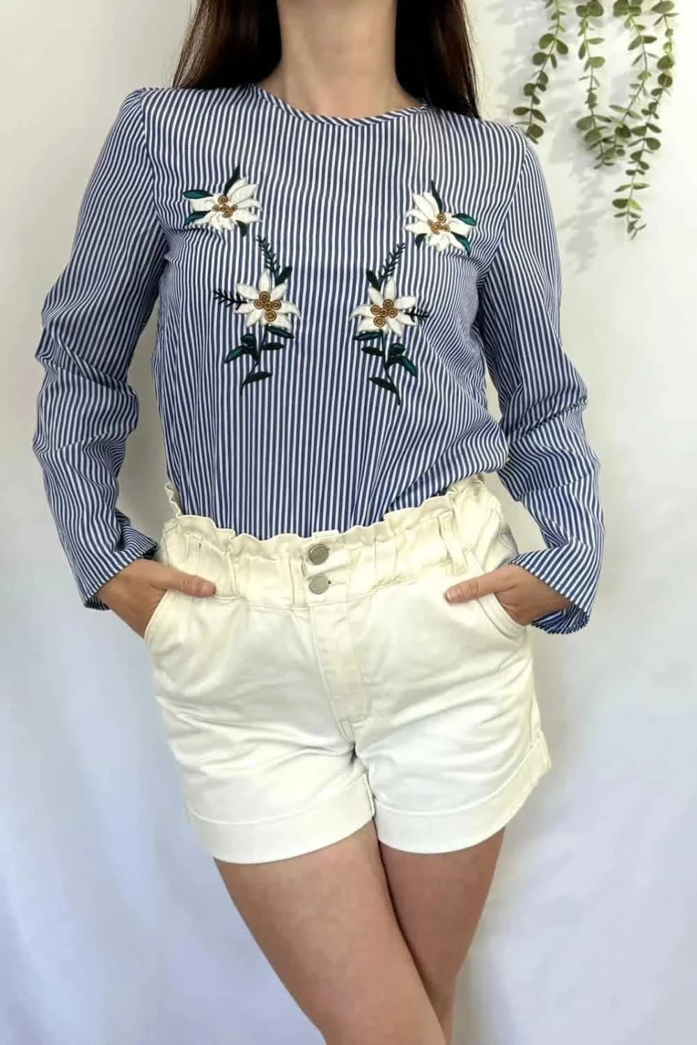 Blouse Zara bleue et blanche à rayures avec motifs fleurs taille S - Photo 2/8