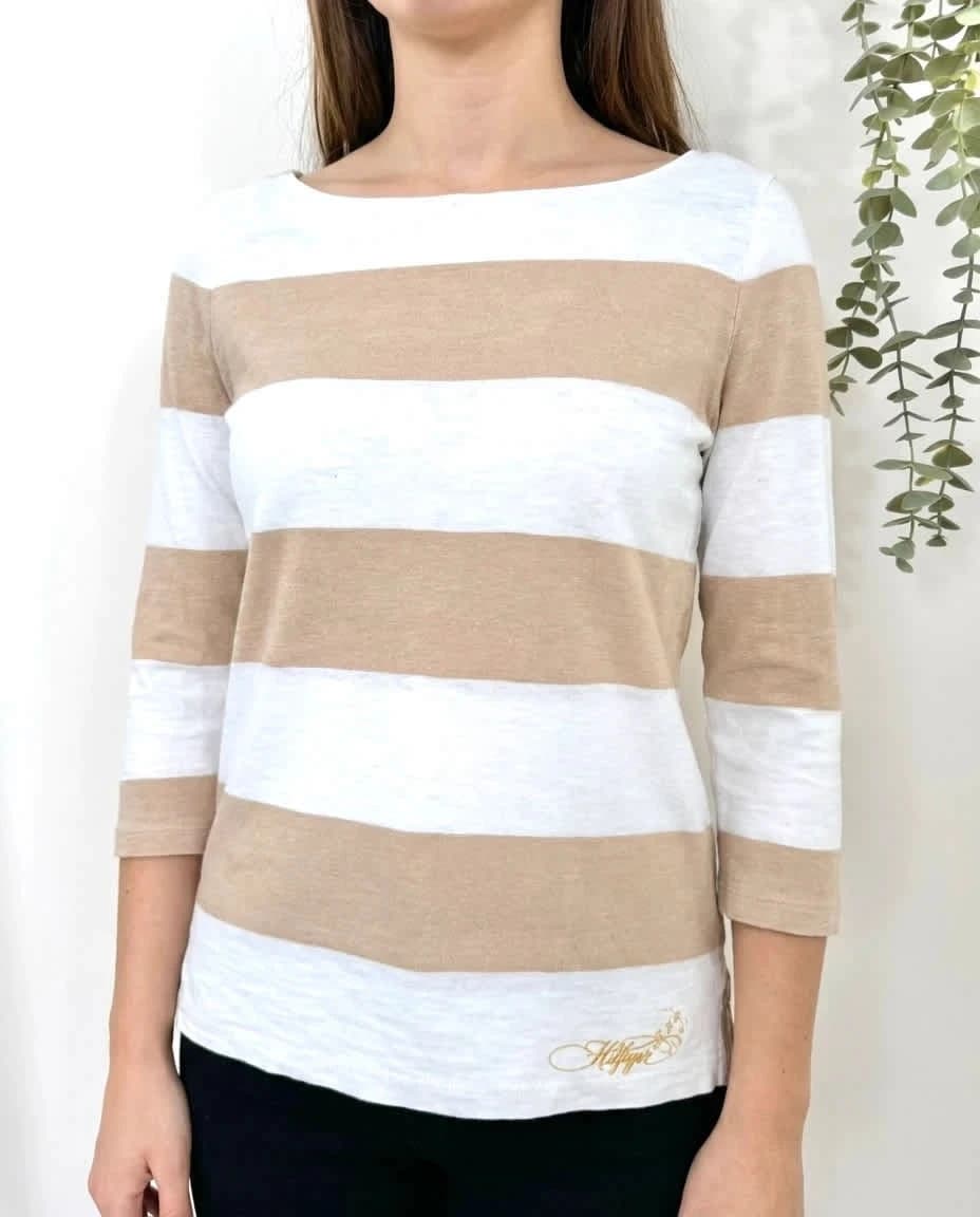T-shirt Tommy Hilfiger rayé manches trois quarts beige blanc taille XS - FP2512199 - Photo 1/8