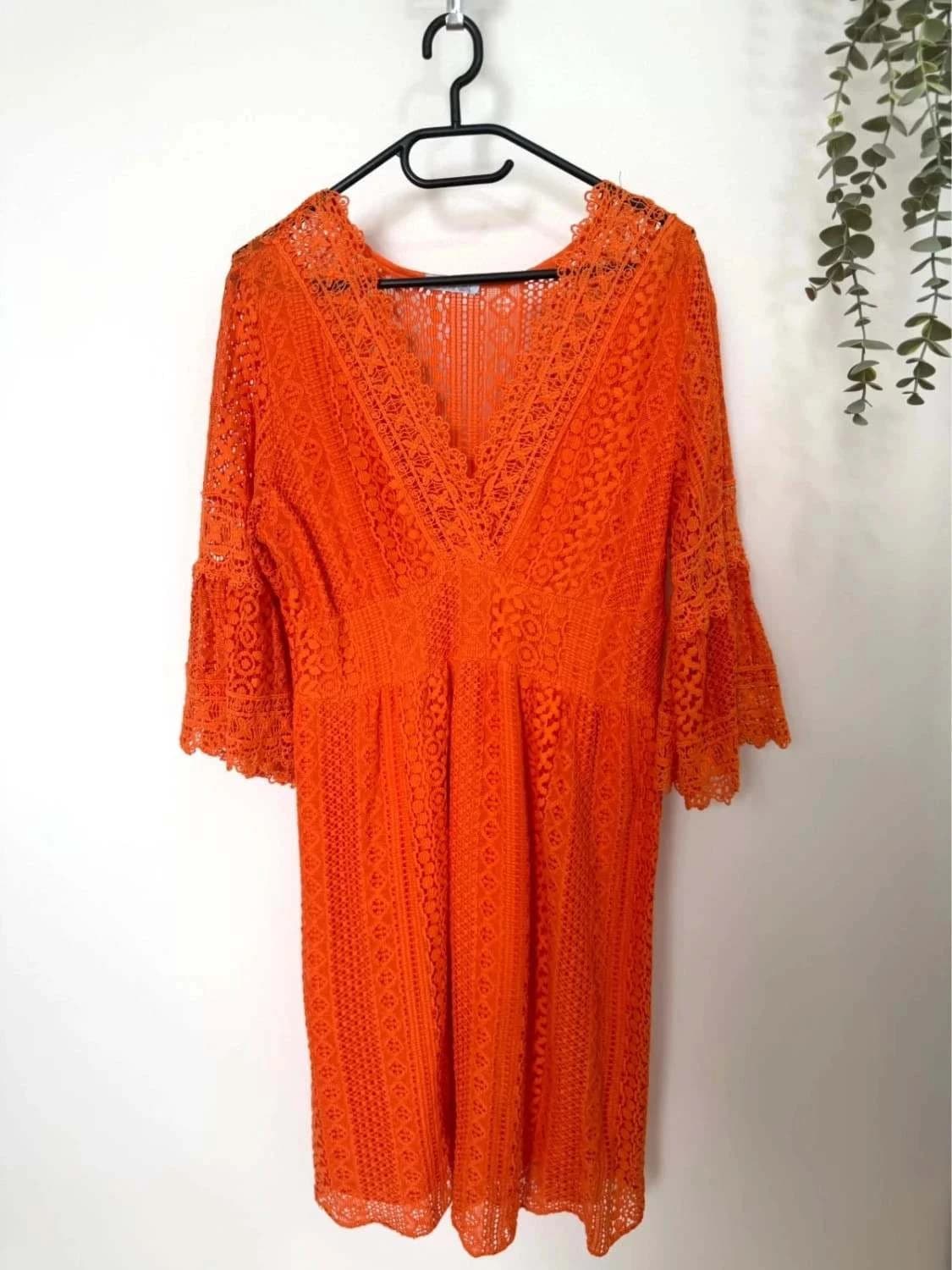Robe bohème orange en dentelle crochet manches évasées doublée col V - Photo 2/6