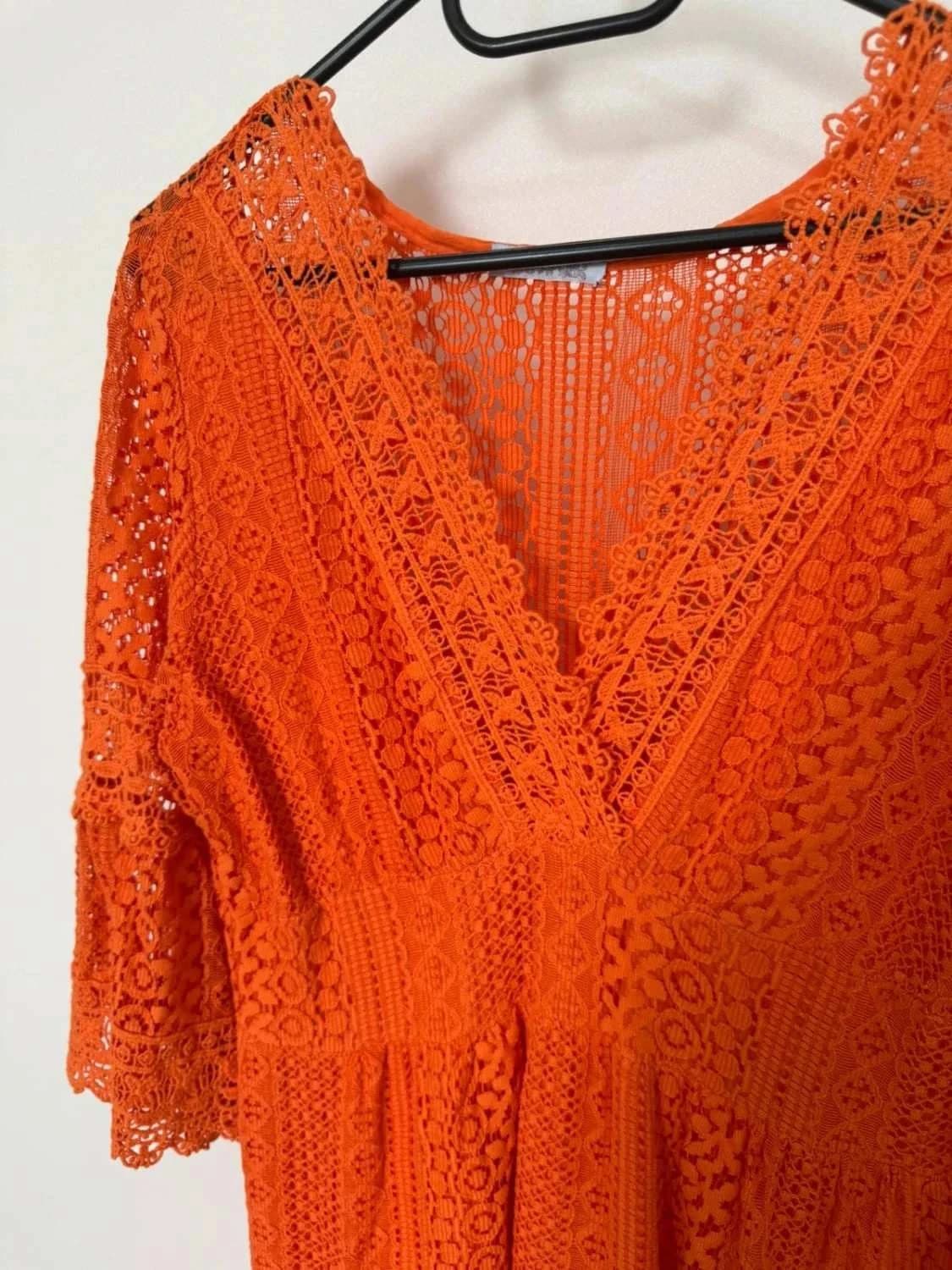 Robe bohème orange en dentelle crochet manches évasées doublée col V - Photo 3/6