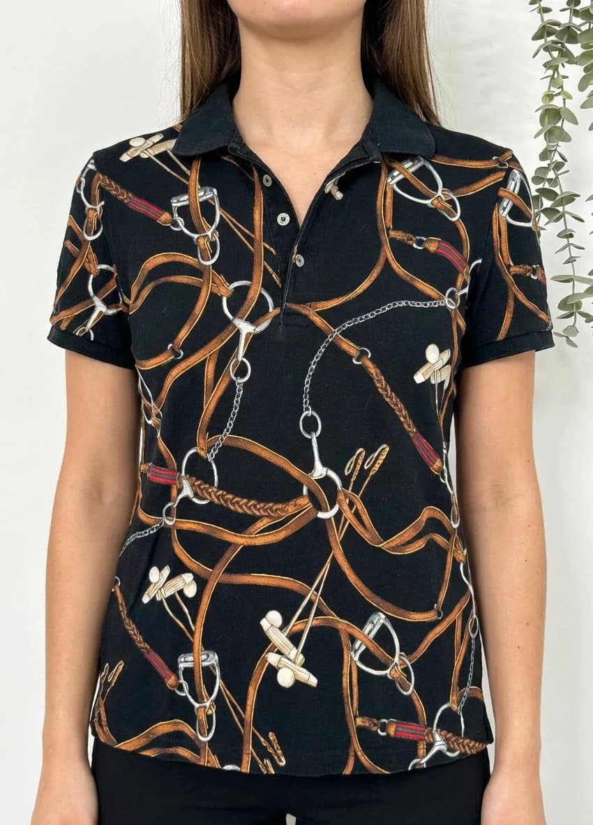 Polo piqué Lauren Ralph Lauren noir imprimé équestre taille S - Photo 1/6
