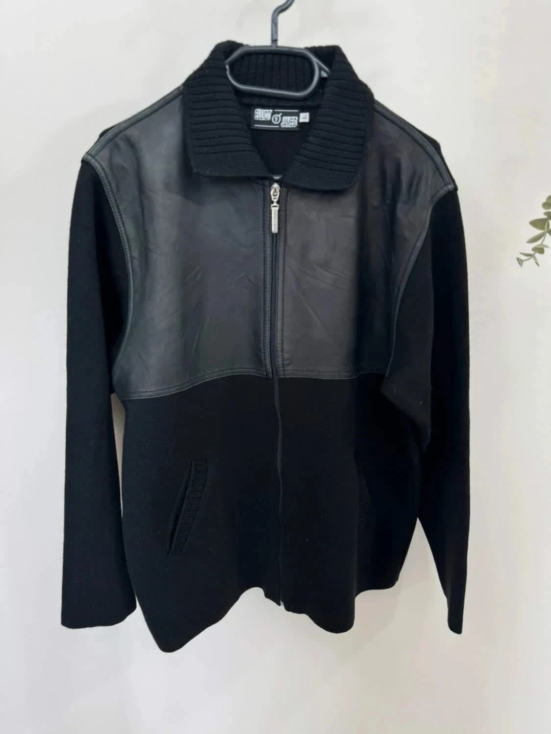 Veste noire en laine de mérinos et simili cuir Elliot James taille L - Photo 2/5
