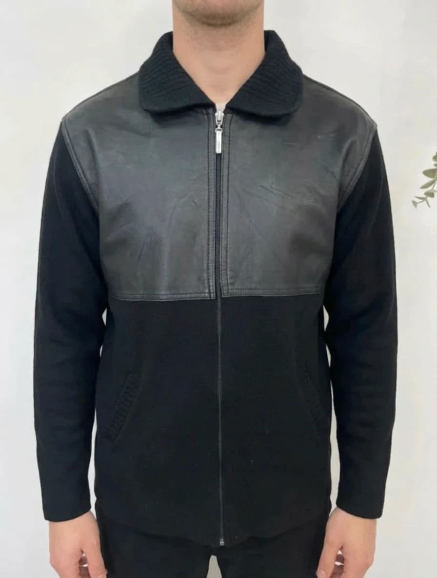 Veste noire en laine de mérinos et simili cuir Elliot James taille L - Photo 1/5