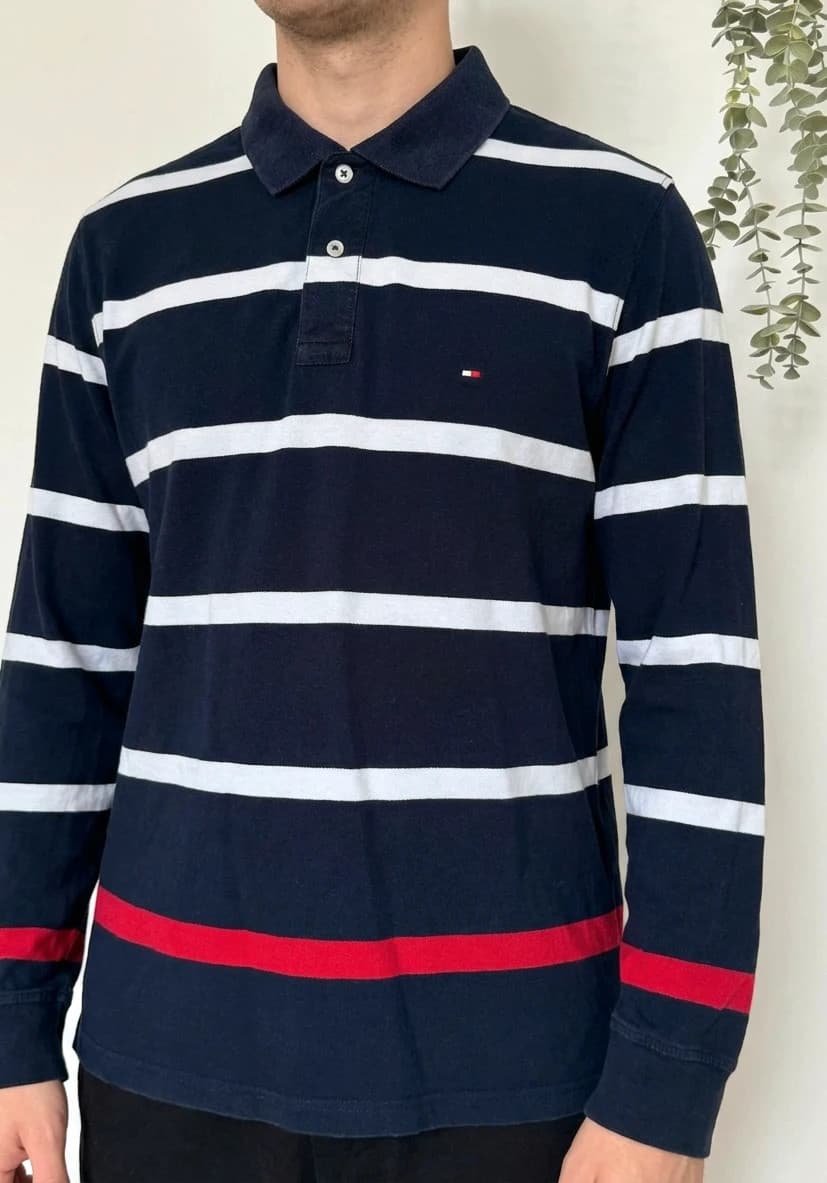 Polo manches longues rugby rayé Tommy Hilfiger bleu marine rouge taille XL - FP260237 - Photo 1/7