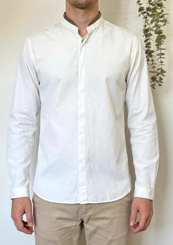 Chemise fitted The Kooples blanche col cuir taupe taille M - Photo 1/9