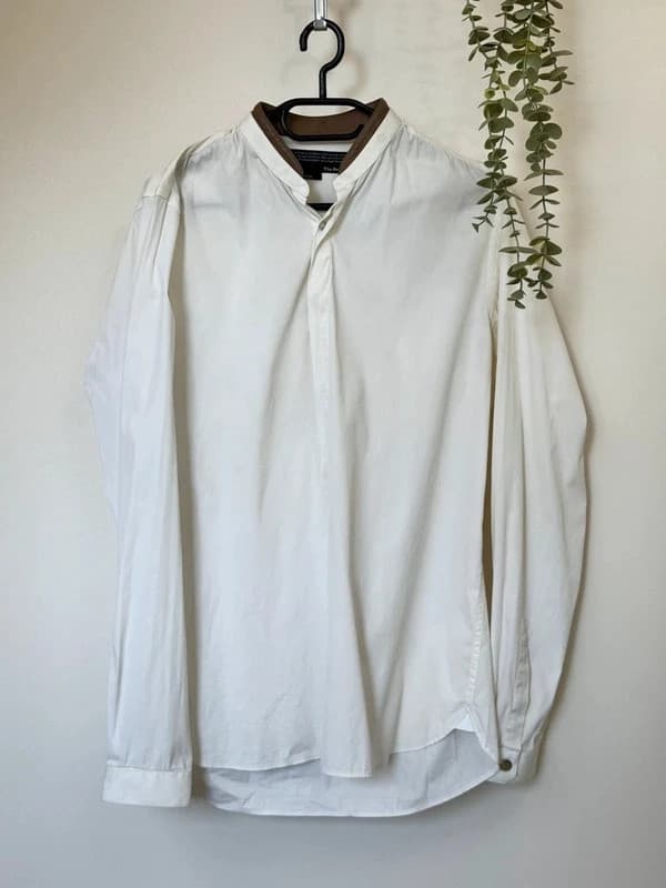 Chemise fitted The Kooples blanche col cuir taupe taille M - Photo 2/9