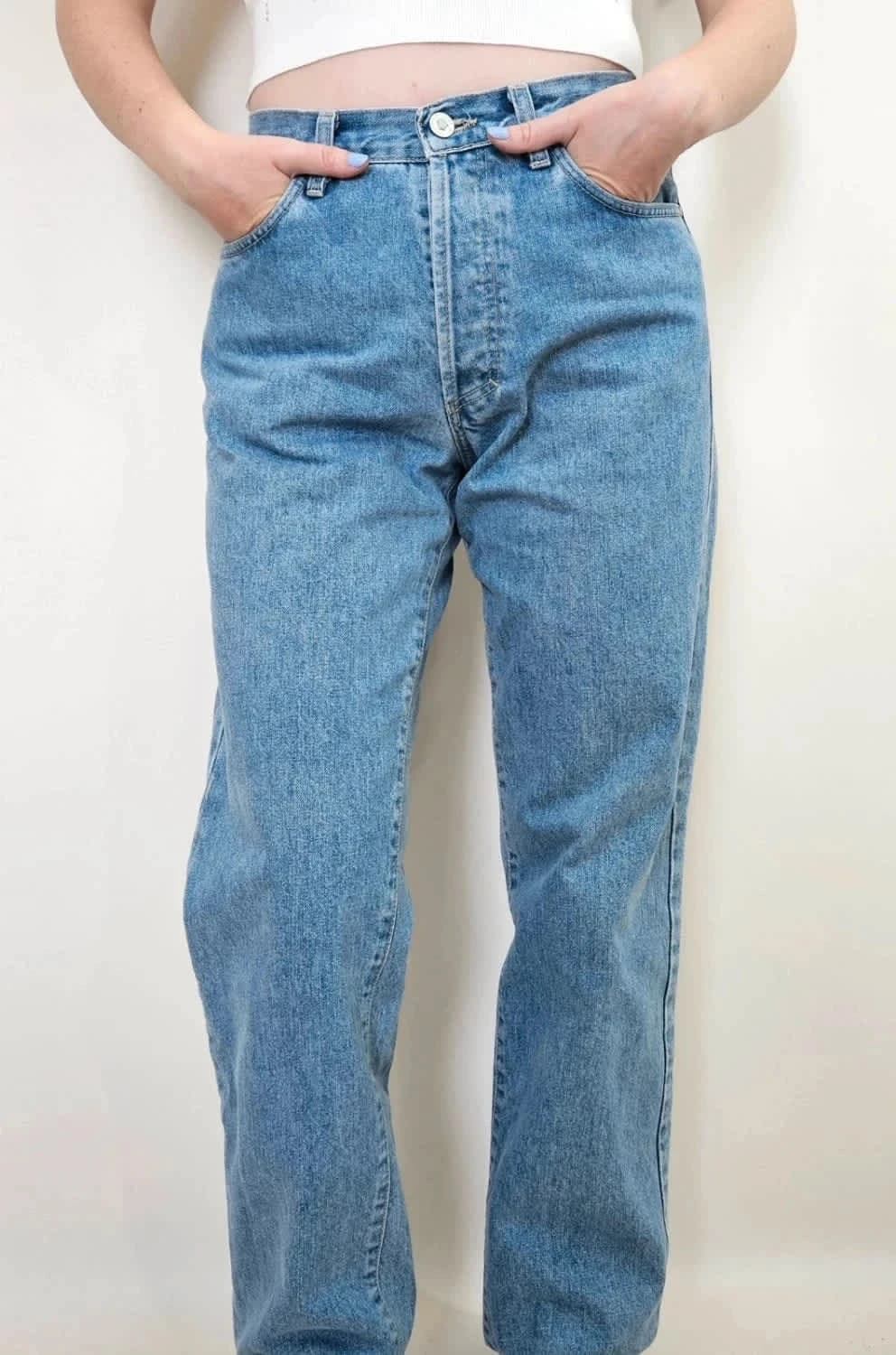 Jean droit Versace Jeans Couture coupe taille haute fermeture à boutons siglés bleu clair - Photo 2/14