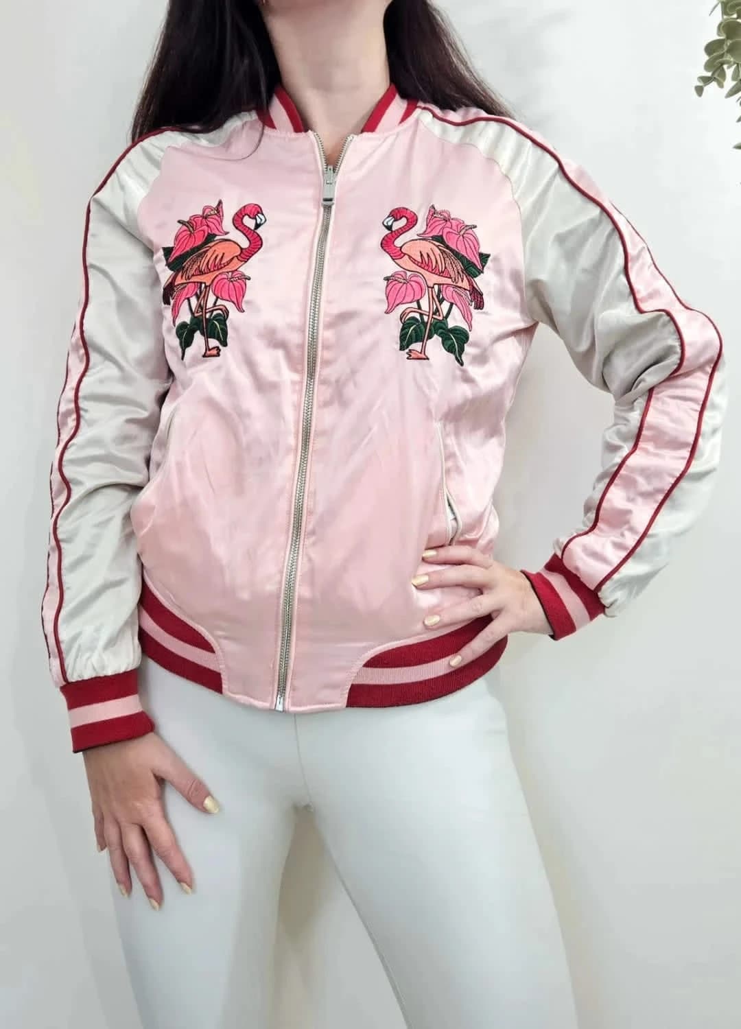 Bomber satin réversible Guess flamants panthères bleu rose taille S - Photo 1/10