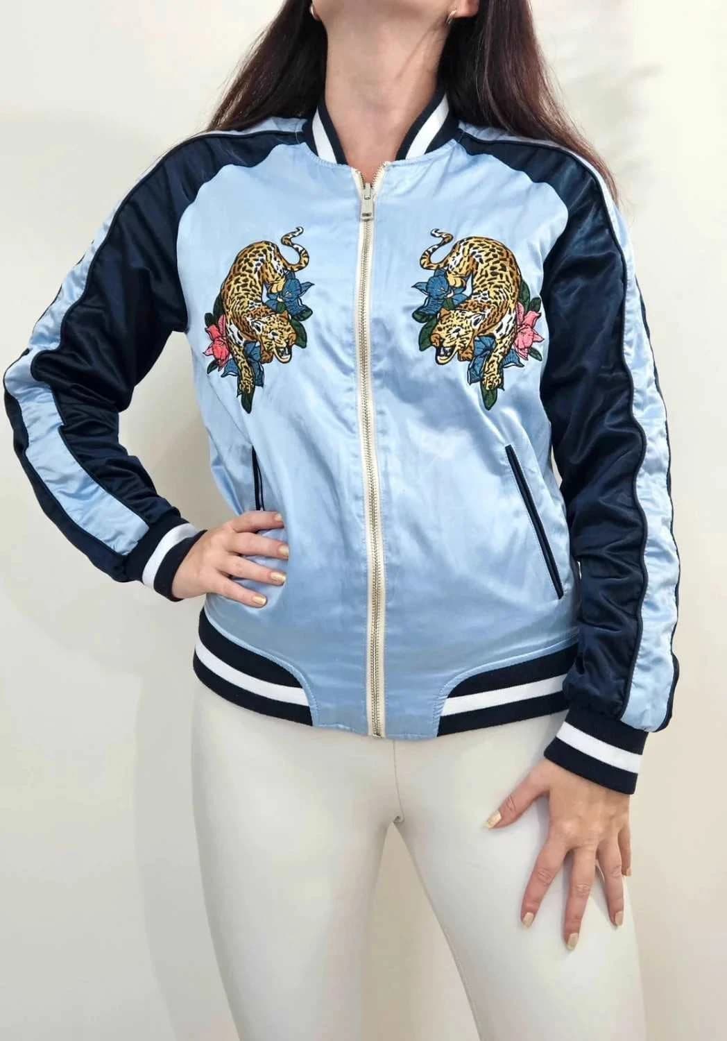 Bomber satin réversible Guess flamants panthères bleu rose taille S - Photo 2/10