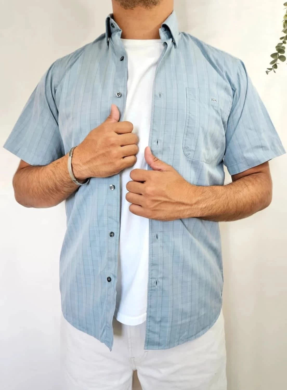 Chemise manches courtes Lacoste bleu clair à carreaux logo brodé gris taille 40/M - Photo 1/7