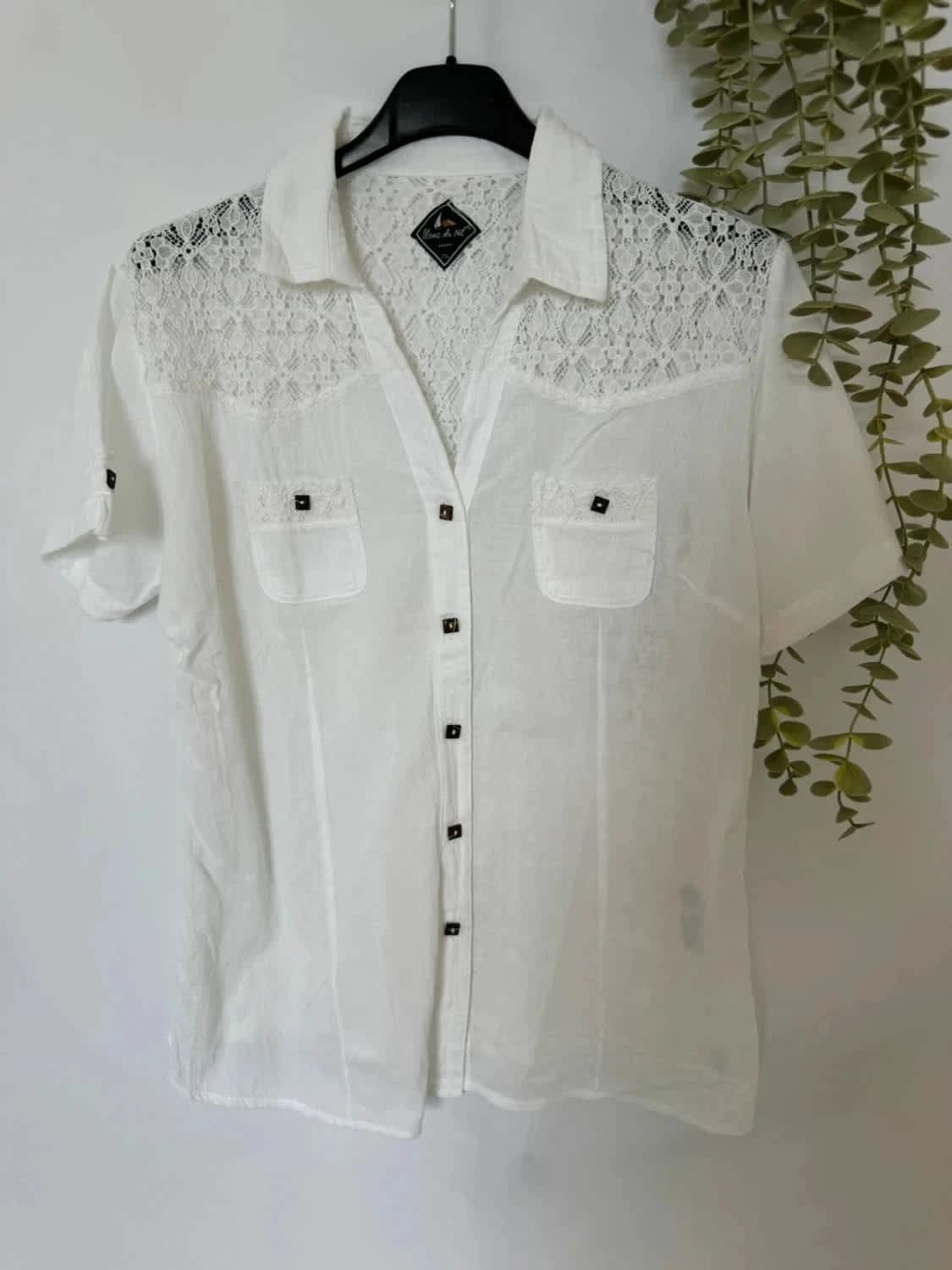 Chemisier manches courtes blanche à dentelle Blanc du Nil 100% coton taille M - Photo 2/8