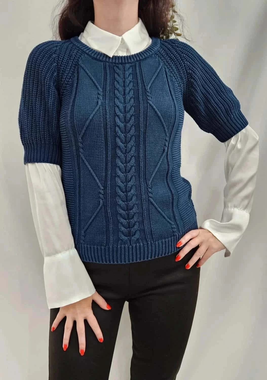Pull torsadé bleu marine manches courtes Chattawak 100% coton - Photo 1/5