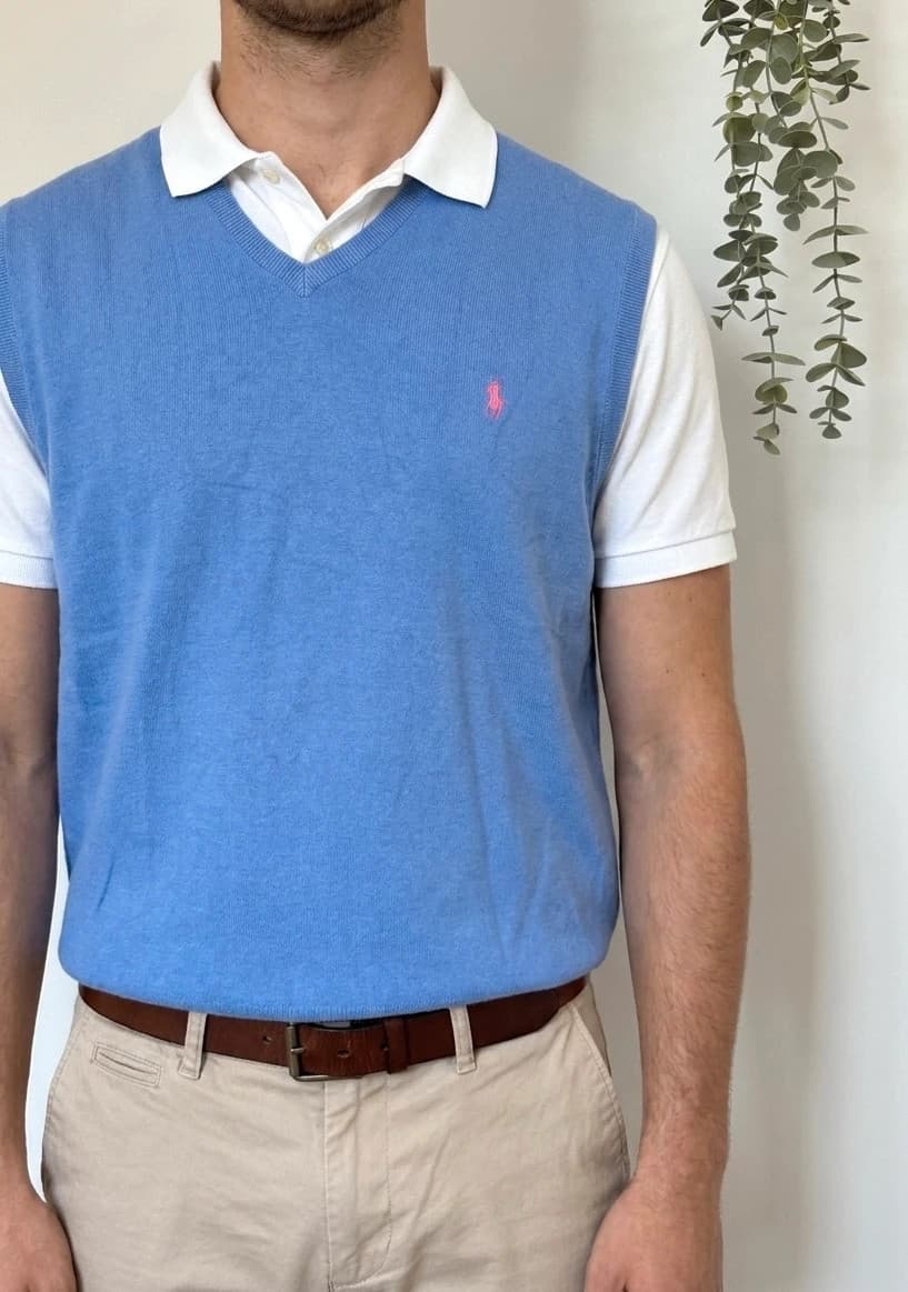 Pull sans manches Ralph Lauren bleu lavande logo rose taille XL coton pima - PP2603290 - Photo 1/7