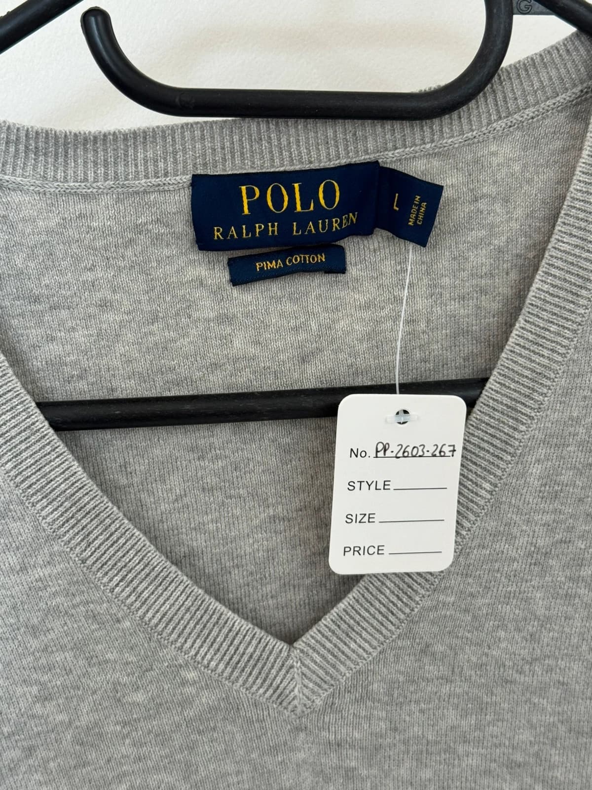 Pull sans manches Polo Ralph Lauren gris clair logo pony bleu brodé  taille L - PP2603267 - Photo 5/7