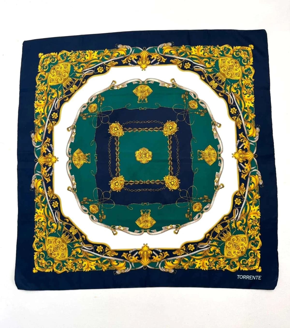 Foulard satin Torrente imprimé baroque bleu vert taille unique - Photo 1/7