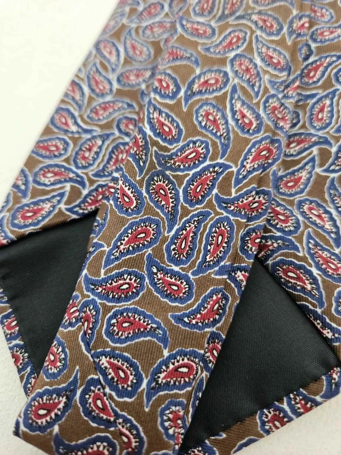 Cravate Pierre Cardin en soie motif cachemire marron bleu vintage Made in France - Photo 4/4