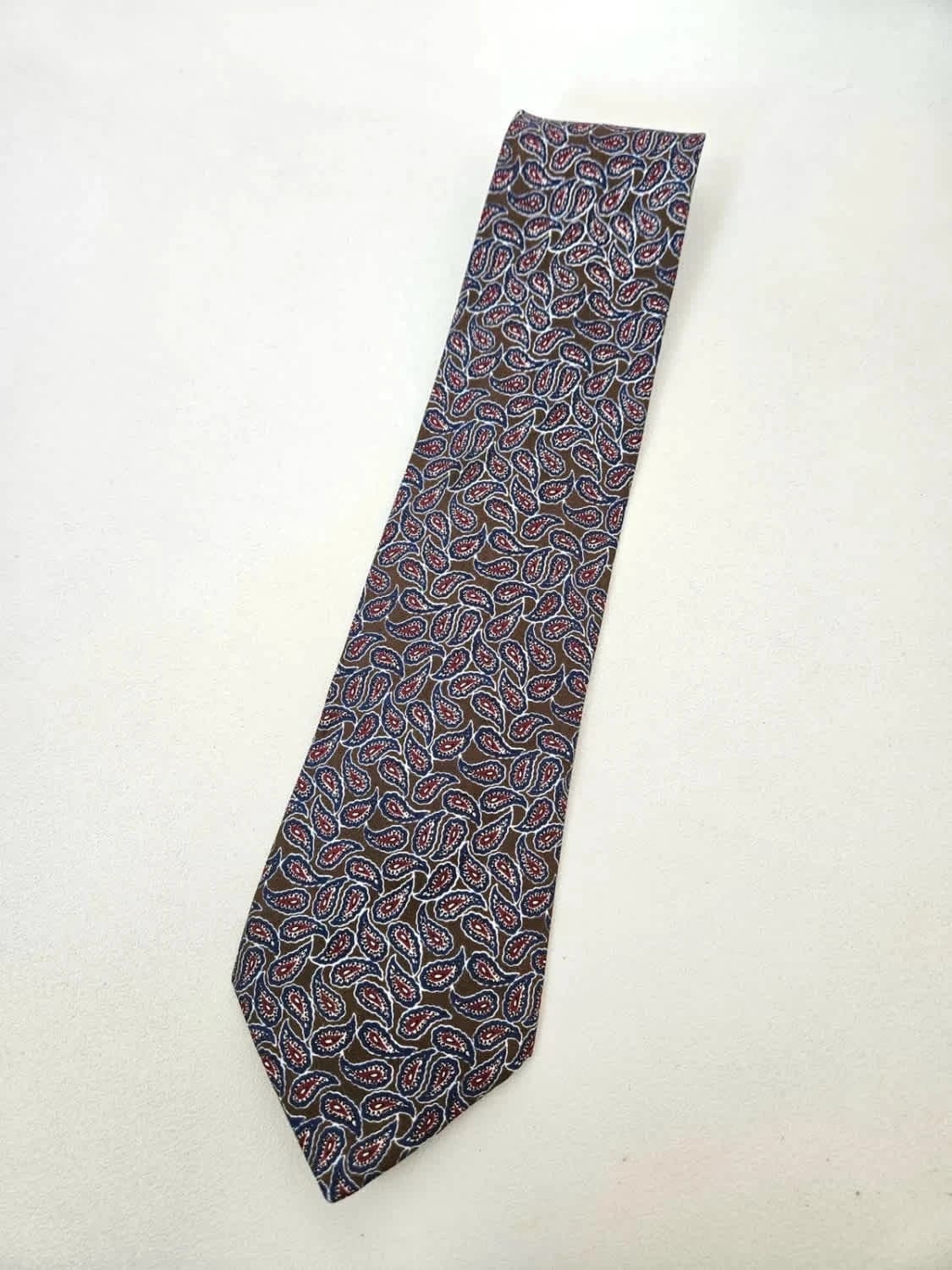 Cravate Pierre Cardin en soie motif cachemire marron bleu vintage Made in France - Photo 3/4