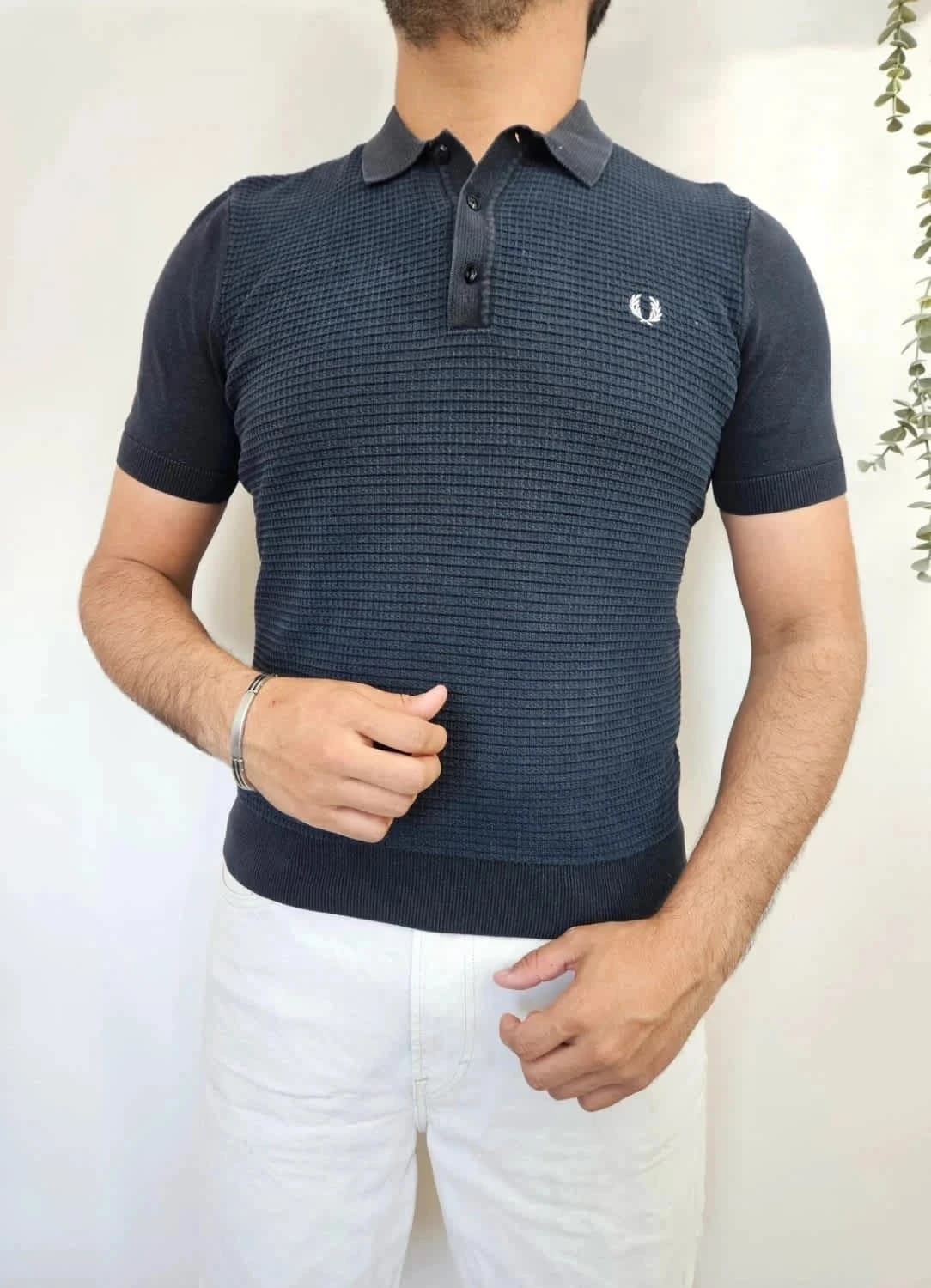 Polo Fred Perry bleu marine maille texturée 100% coton col boutonné logo brodé blanc taille M - Photo 1/7