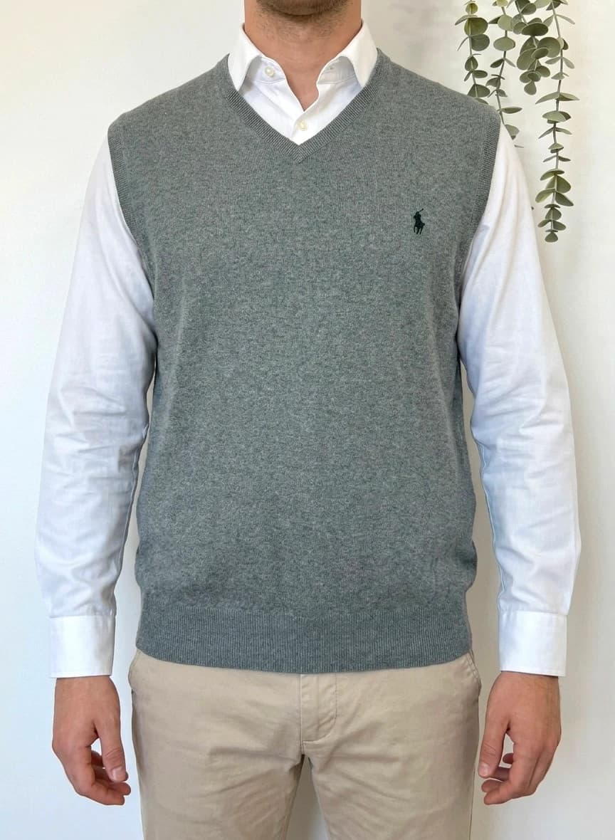 Pull sans manches Ralph Lauren gris chiné logo pony brodé vert taille XXL - PP2603216 - Photo 1/6