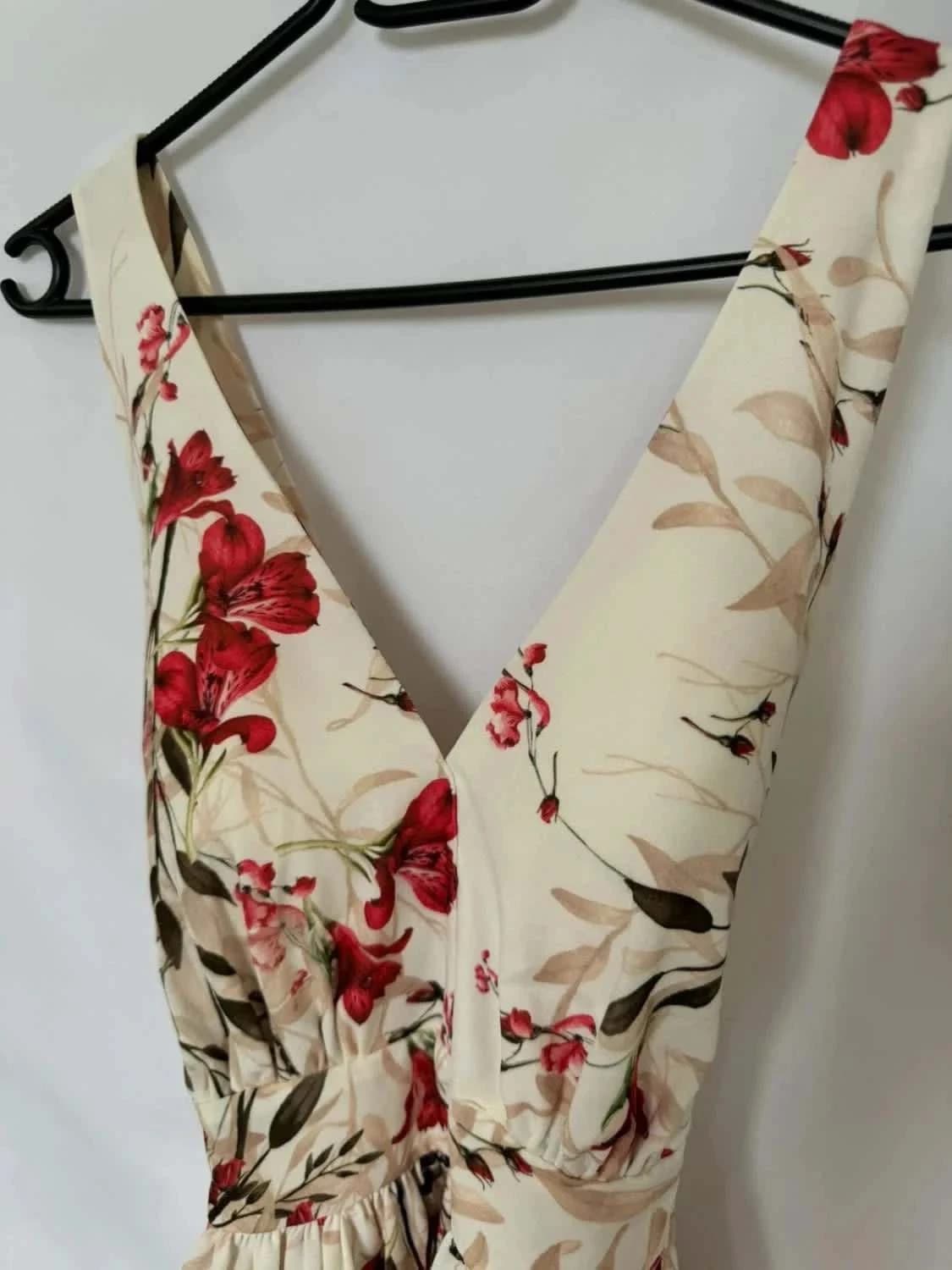 Robe portefeuille asymétrique Santorin imprimé floral rouge et beige avec dos smocké - Photo 4/6