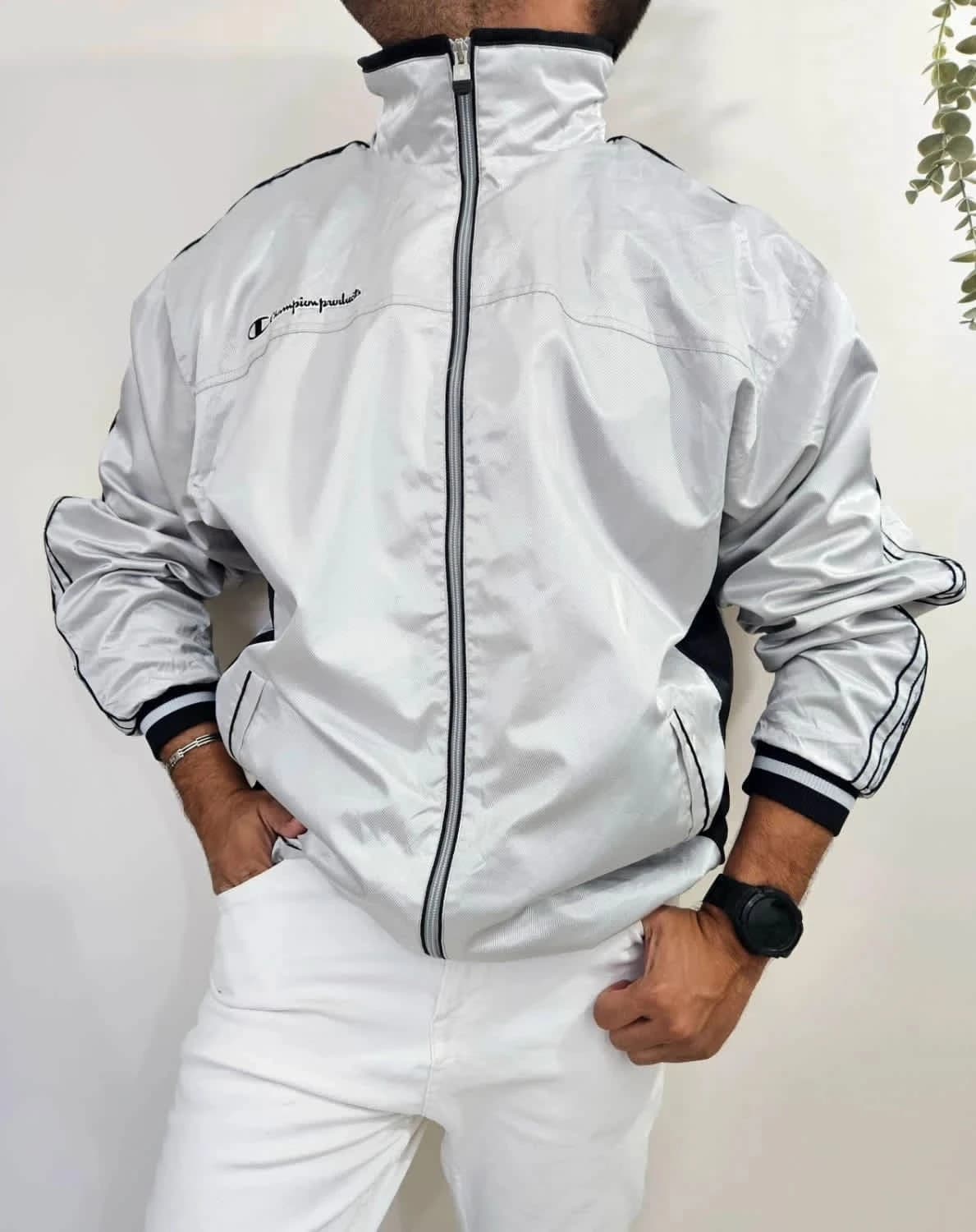Veste/Track Jacket Windbreaker Champion Products vintage 90s argenté XO Jaspo rare - Photo 1/11