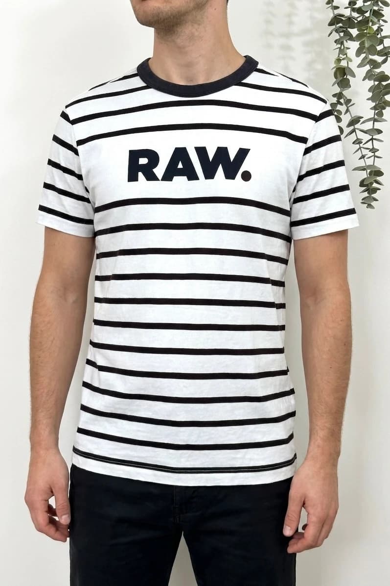 T-shirt G-Star Raw blanc rayé bordeaux logo poitrine marine taille S - Photo 1/8