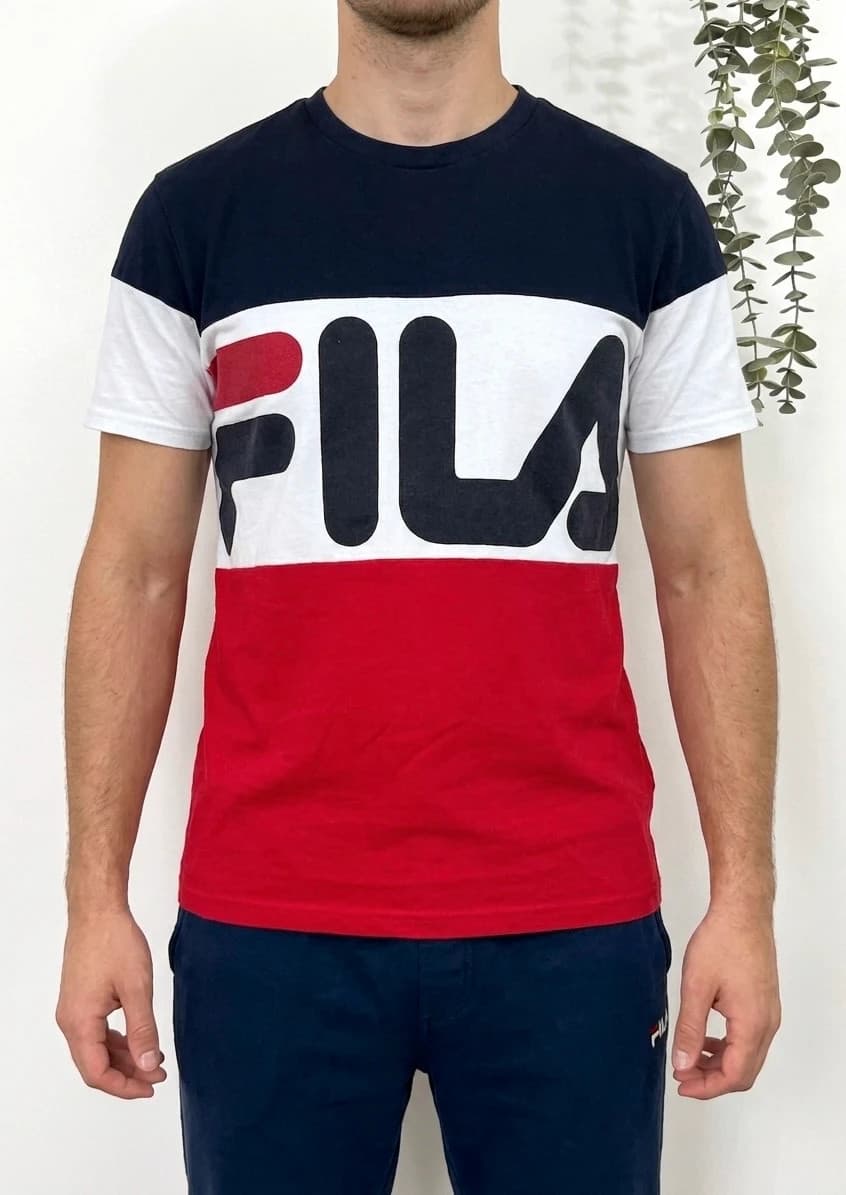 T-shirt Fila colorblock bleu blanc rouge grand logo taille S - Photo 1/8