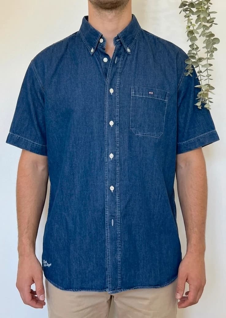 Chemise denim manches courtes Eden Park poche bleu logo brodé taille XL - Photo 1/10
