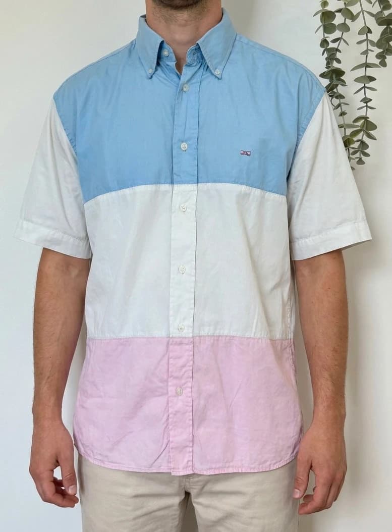 Chemise manches courtes Eden Park Team colorblock bleu blanc rose logo brodé taille M - VG26054 - Photo 1/10