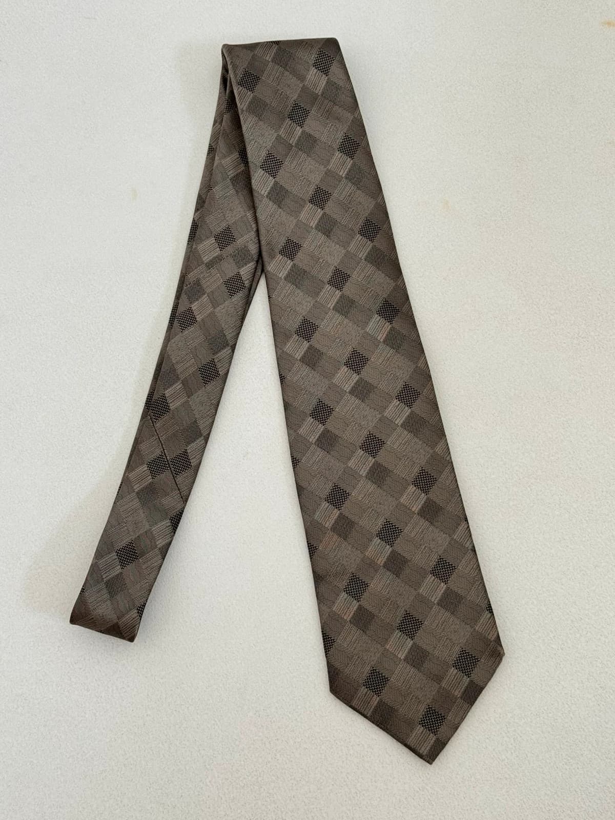 Cravate De Fursac soie damier géométrique beige taupe made in Italy - Photo 2/6