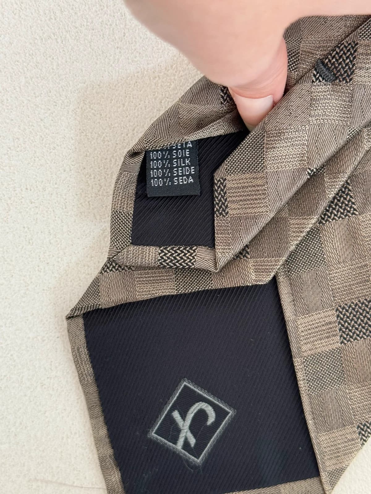Cravate De Fursac soie damier géométrique beige taupe made in Italy - Photo 4/6