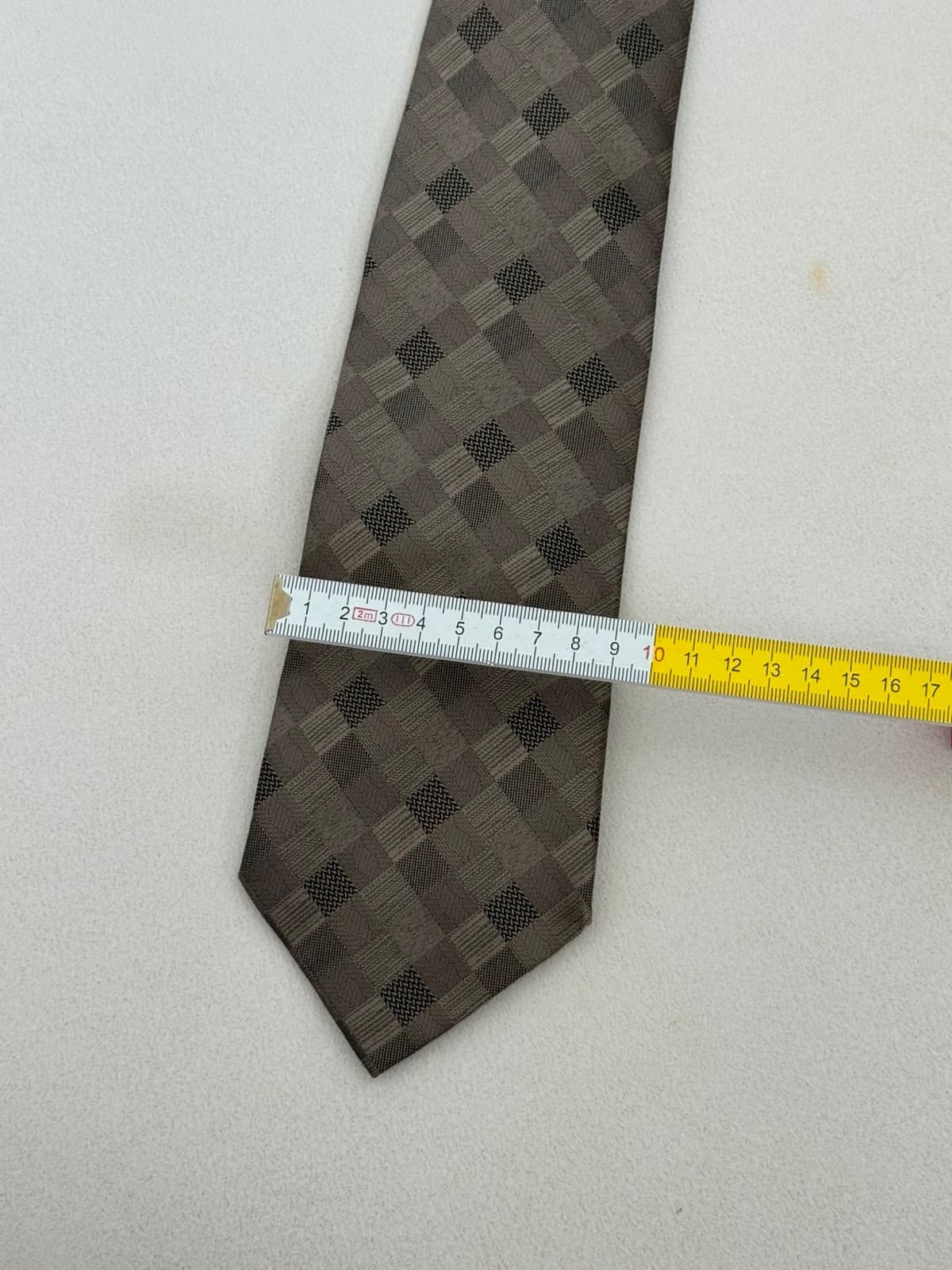 Cravate De Fursac soie damier géométrique beige taupe made in Italy - Photo 6/6