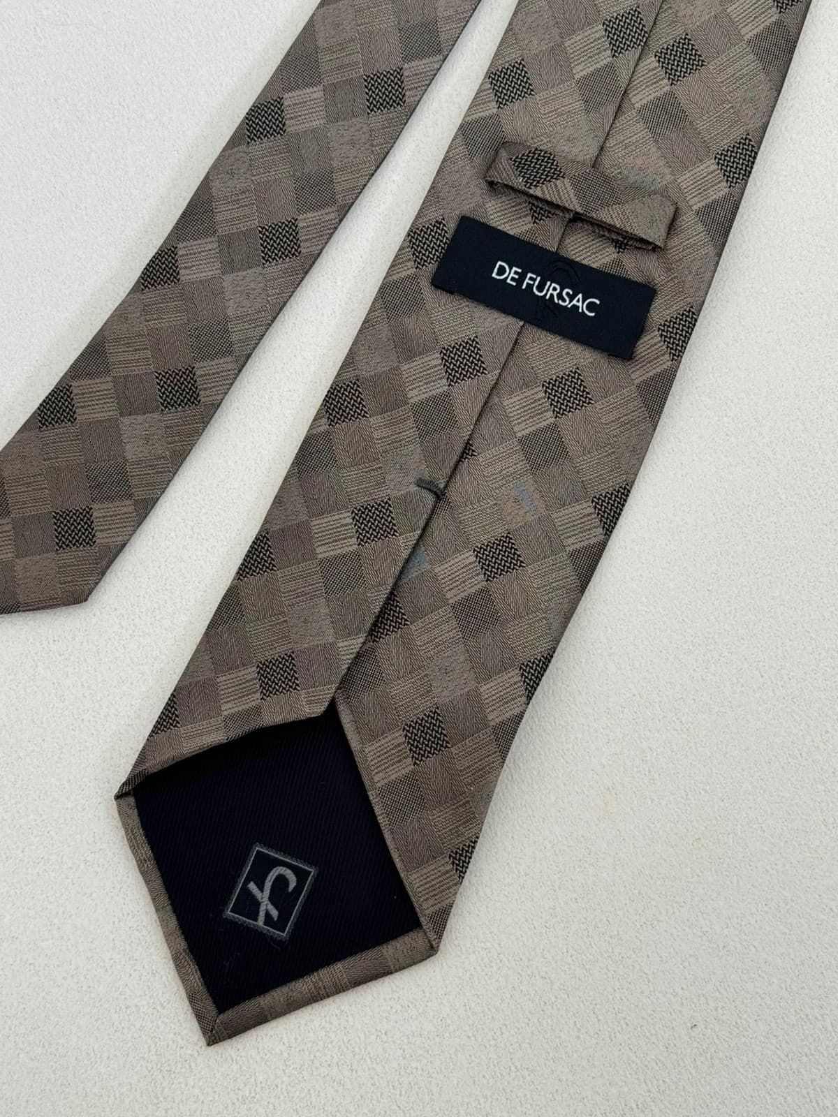 Cravate De Fursac soie damier géométrique beige taupe made in Italy - Photo 3/6