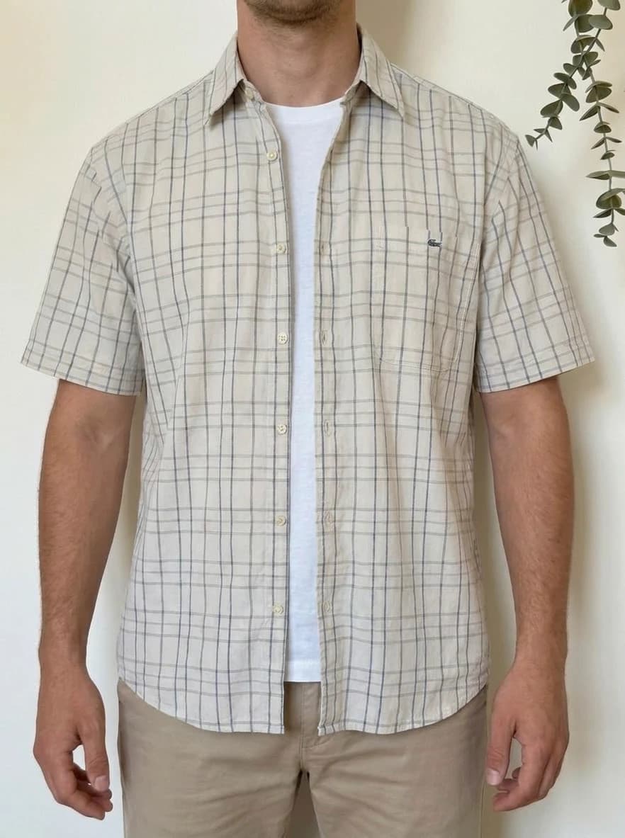 Chemise manches courtes Lacoste crème à carreaux bleu gris taille 42/XL - VG260524 - Photo 1/8