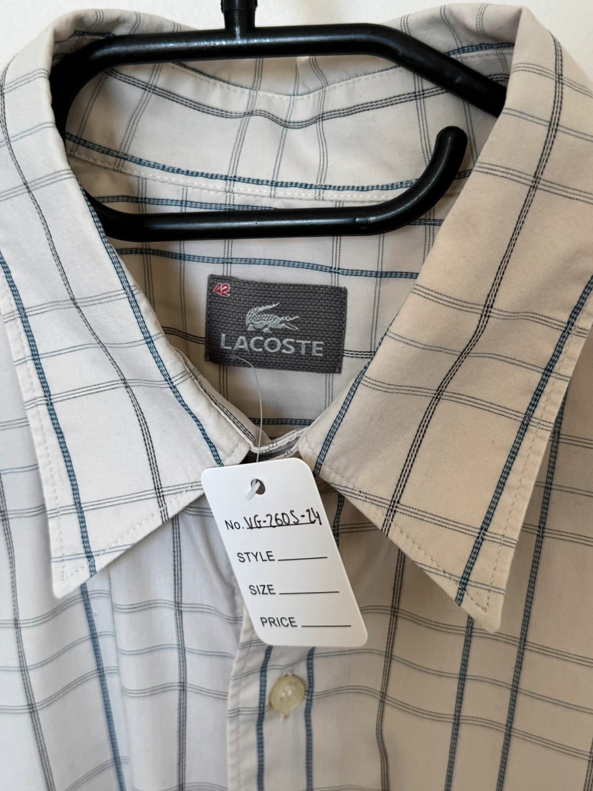 Chemise manches courtes Lacoste crème à carreaux bleu gris taille 42/XL - VG260524 - Photo 3/8