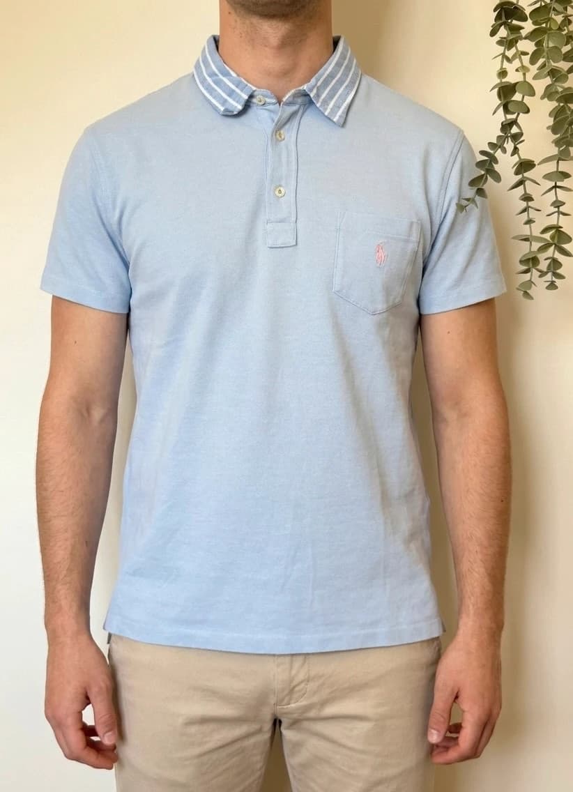 Polo piqué custom fit Ralph Lauren bleu ciel col rayé poche logo rose taille L - SK260659 - Photo 1/11