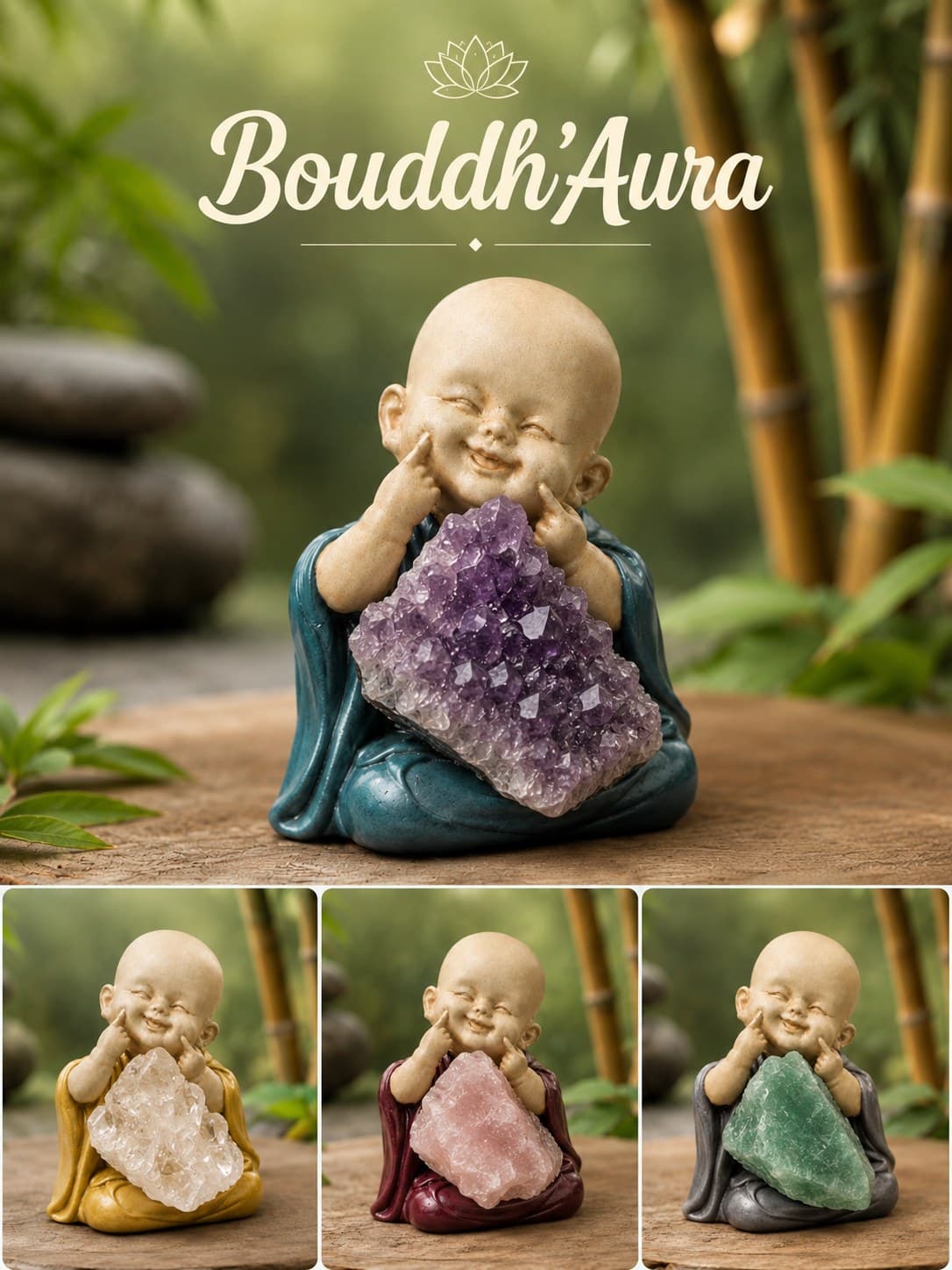 Bouddh'Aura — Bouddha en argile avec pierre précieuse - Photo 1/8