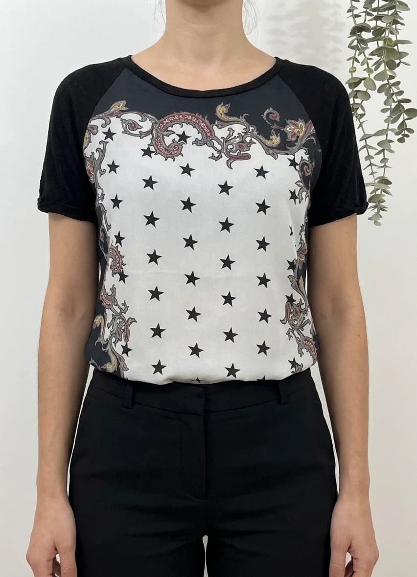 Top Sandro soie et lin imprimé étoiles paisley noir taille 2/M - DN26089 - Photo 1/10