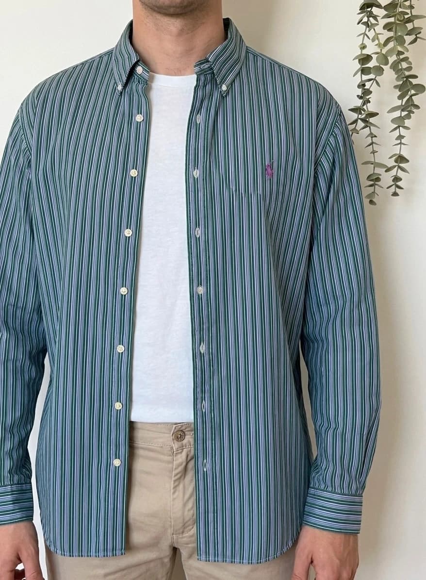 Marškiniai Ralph Lauren Classic Fit dryžuoti žali violetiniai, dydis 2XB - SK26061 – nuotrauka 1/9